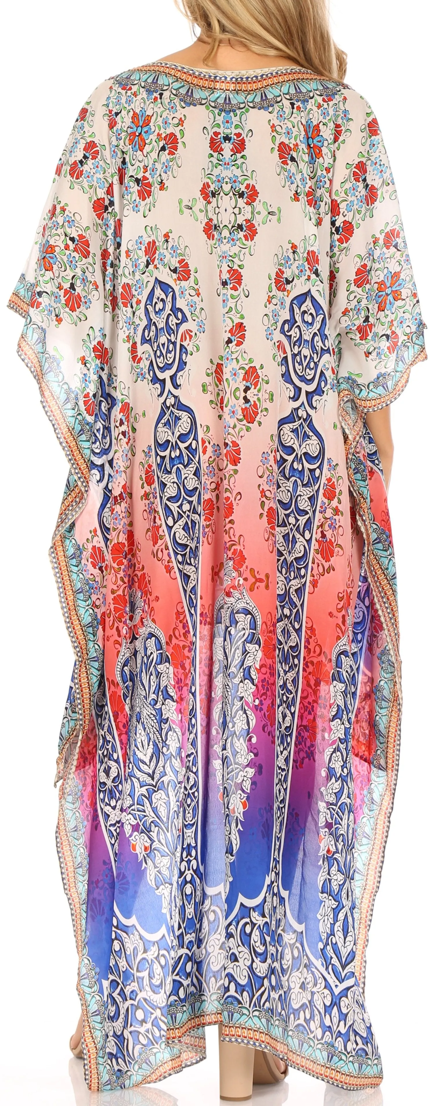 Sakkas Laisson Flowy Hi Low Caftan Rhinestone Boxy V Neck Dress Top Cover / Up