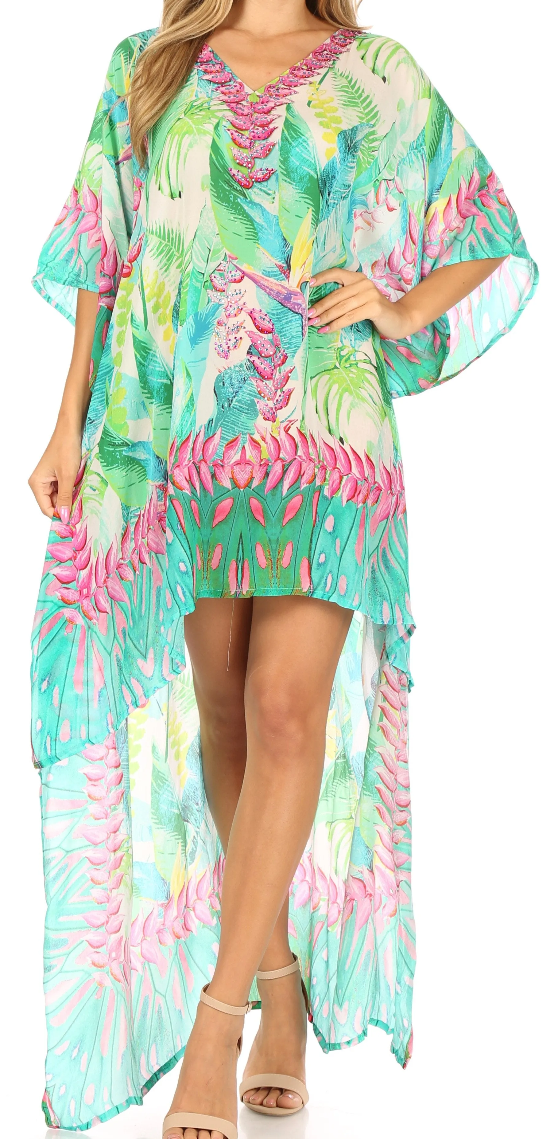 Sakkas Laisson Flowy Hi Low Caftan Rhinestone Boxy V Neck Dress Top Cover / Up