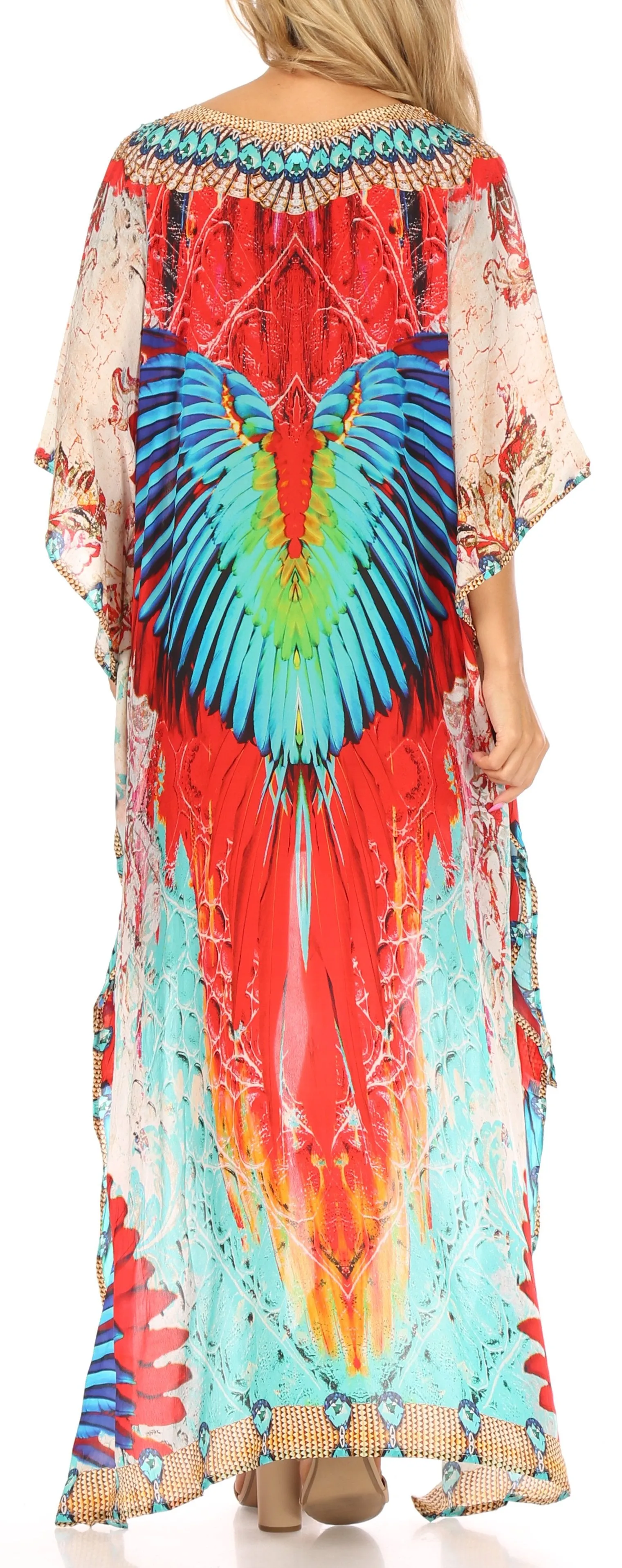 Sakkas Laisson Flowy Hi Low Caftan Rhinestone Boxy V Neck Dress Top Cover / Up