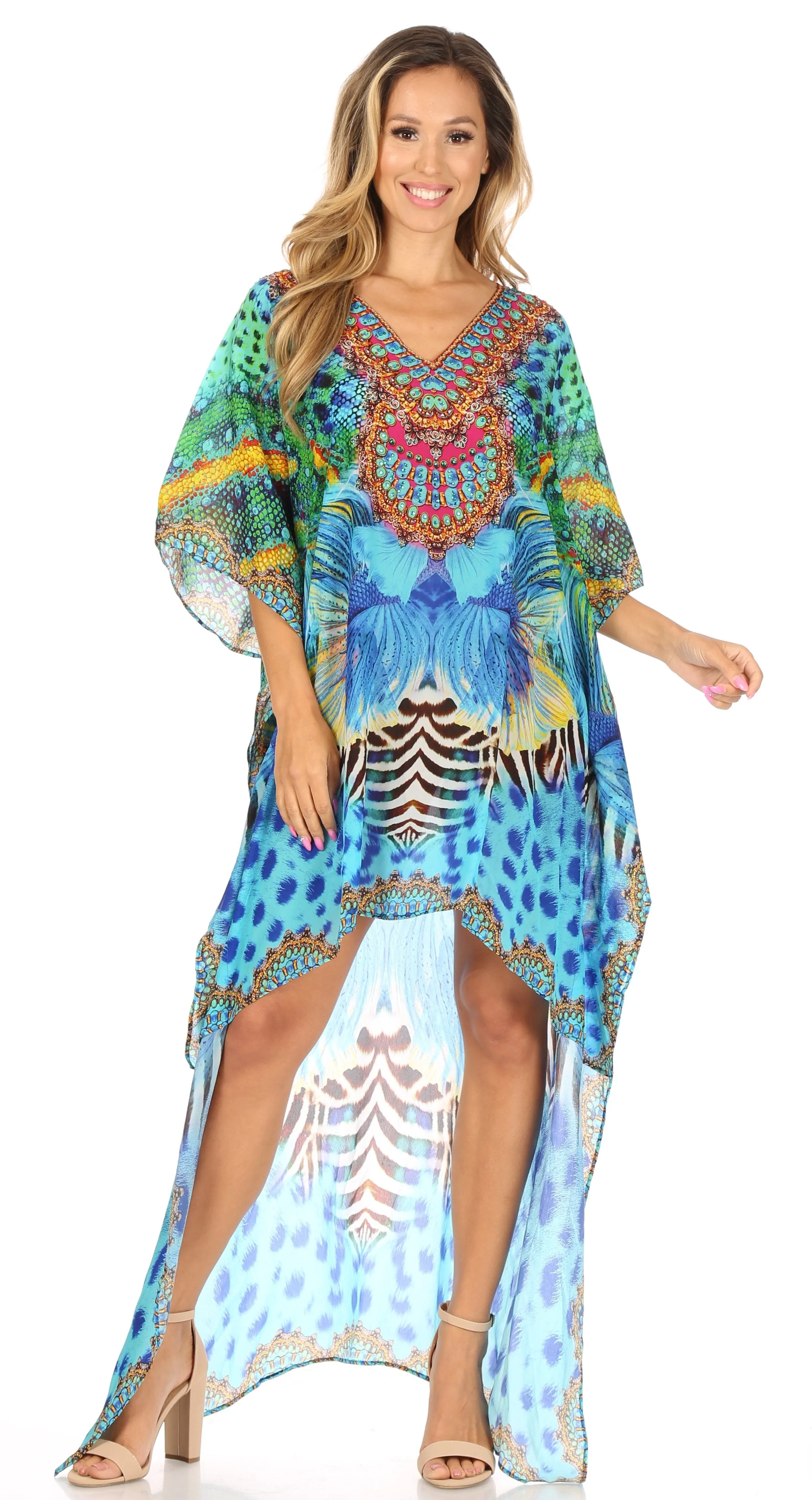 Sakkas Laisson Flowy Hi Low Caftan Rhinestone Boxy V Neck Dress Top Cover / Up