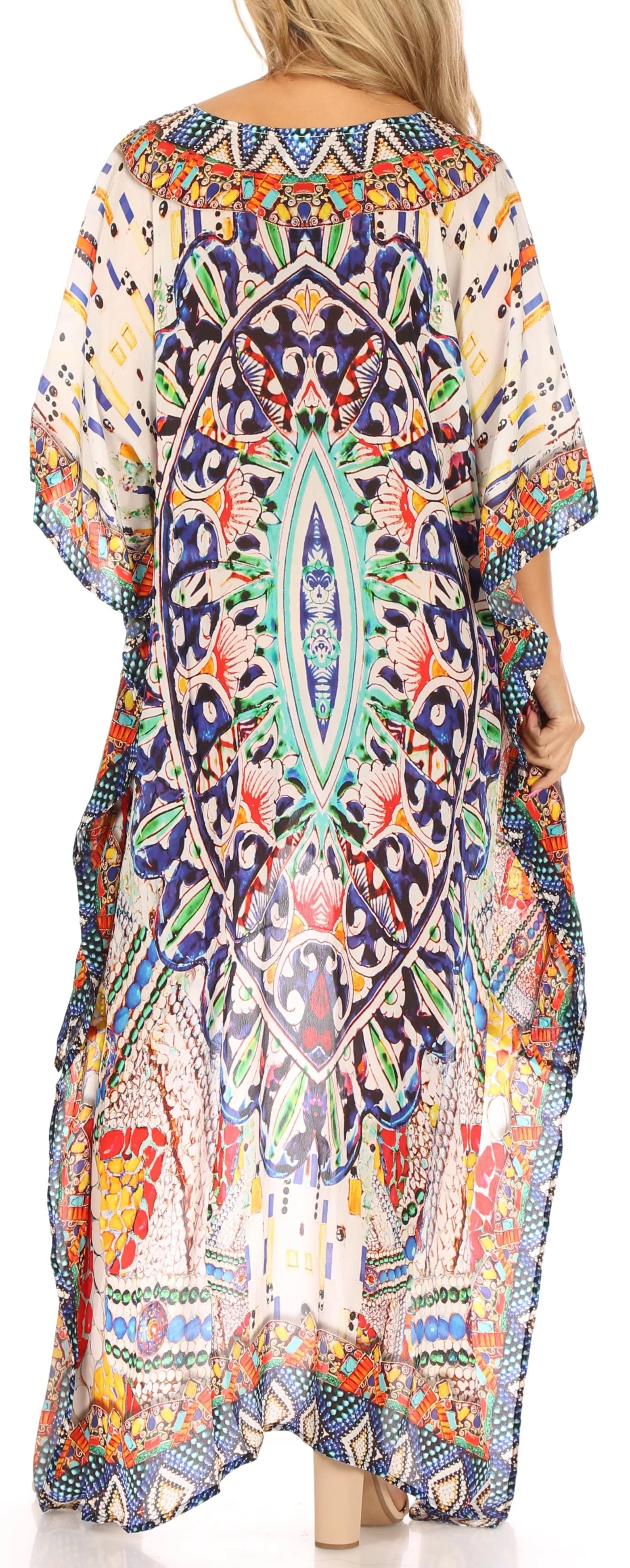 Sakkas Laisson Flowy Hi Low Caftan Rhinestone Boxy V Neck Dress Top Cover / Up