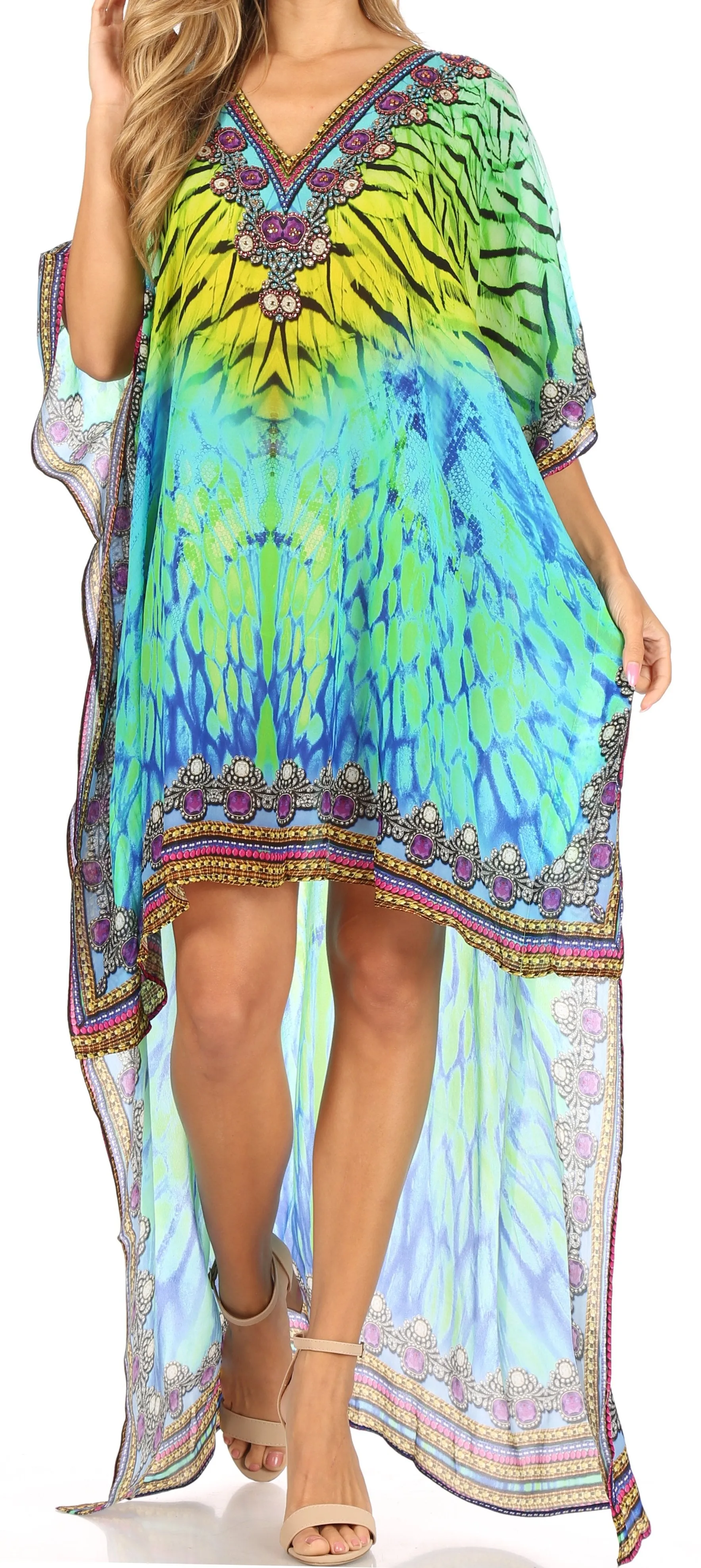 Sakkas Laisson Flowy Hi Low Caftan Rhinestone Boxy V Neck Dress Top Cover / Up