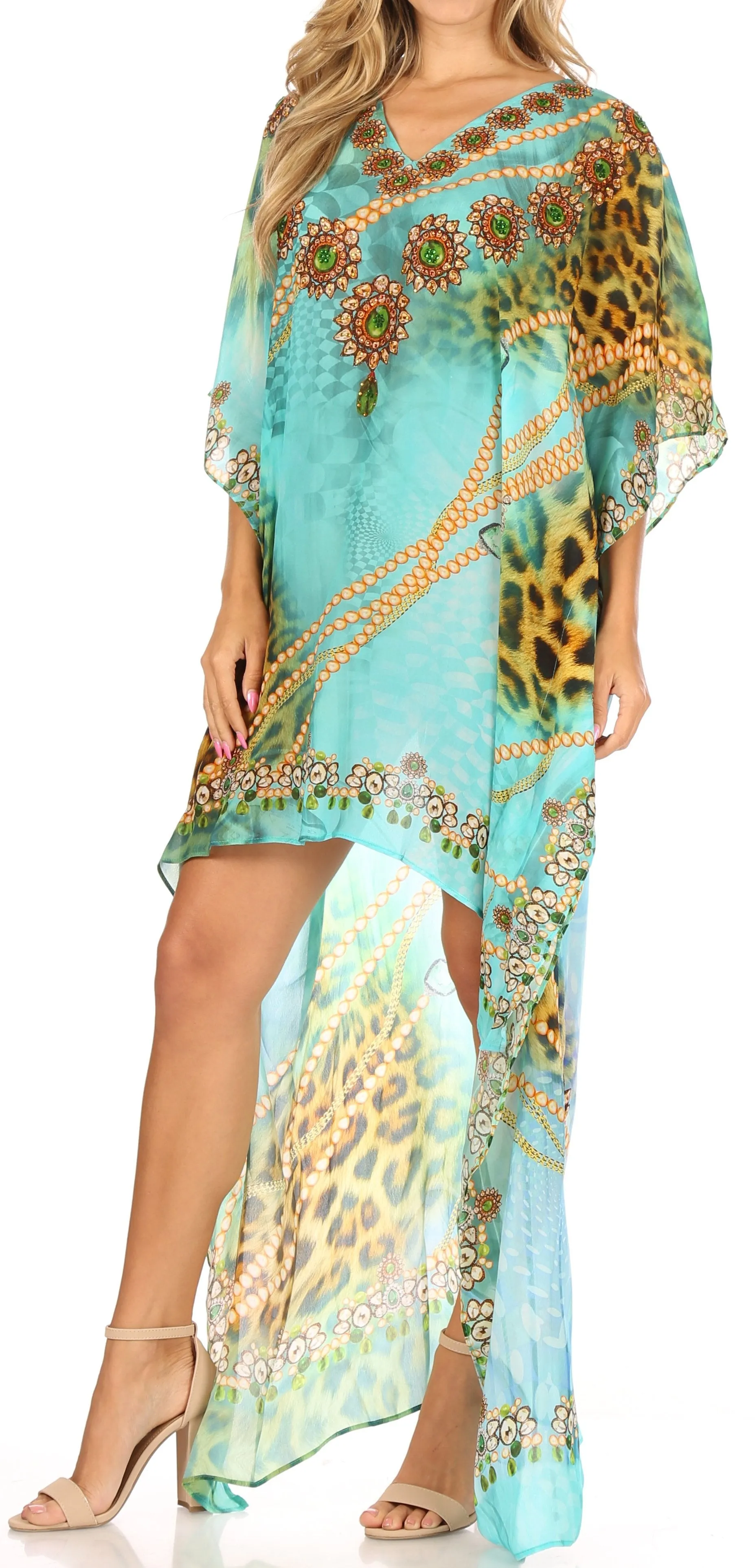 Sakkas Laisson Flowy Hi Low Caftan Rhinestone Boxy V Neck Dress Top Cover / Up