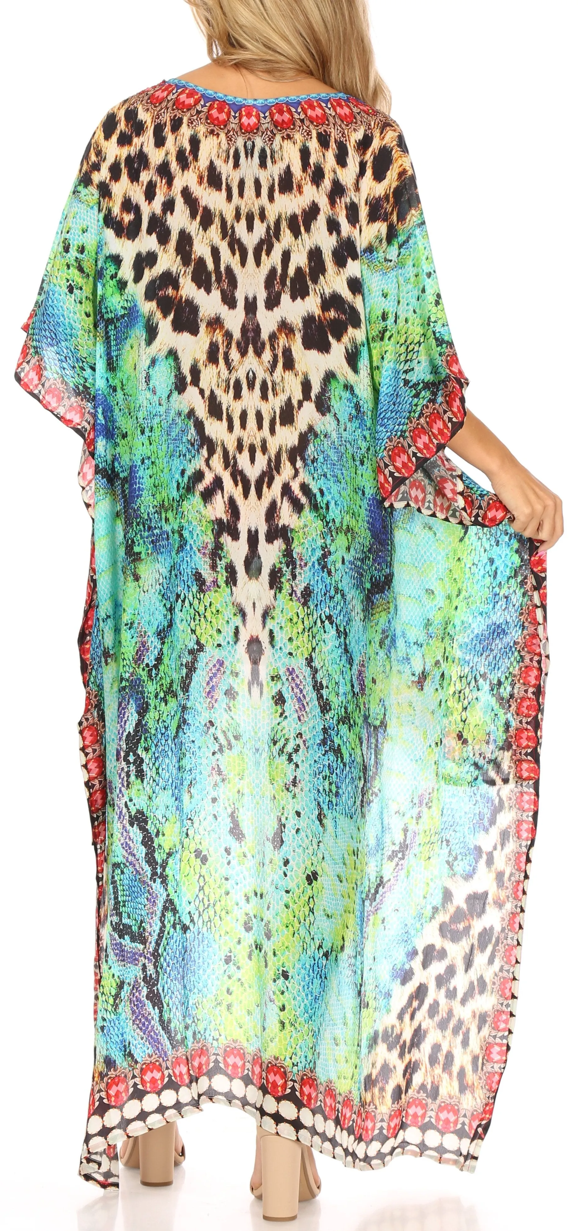 Sakkas Laisson Flowy Hi Low Caftan Rhinestone Boxy V Neck Dress Top Cover / Up