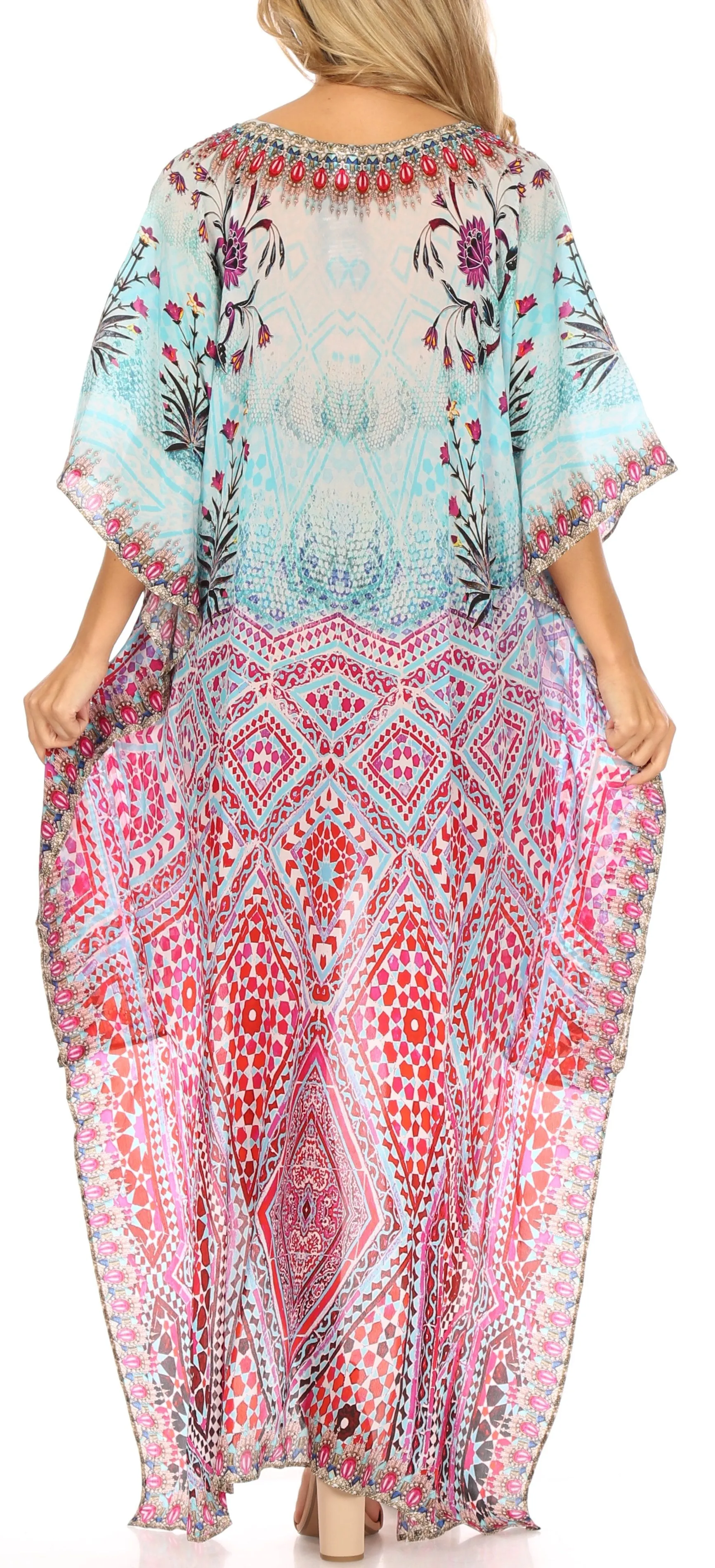 Sakkas Laisson Flowy Hi Low Caftan Rhinestone Boxy V Neck Dress Top Cover / Up