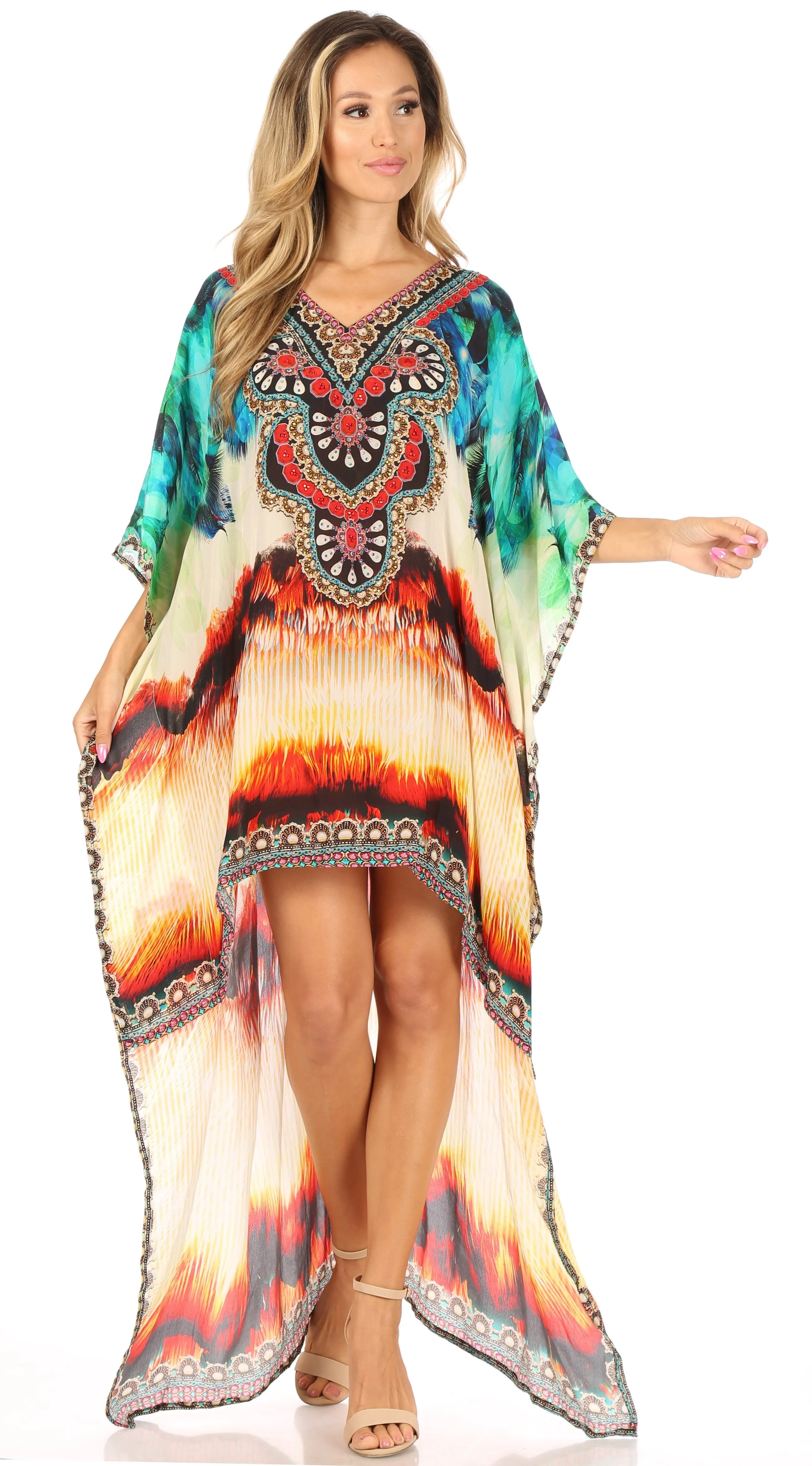 Sakkas Laisson Flowy Hi Low Caftan Rhinestone Boxy V Neck Dress Top Cover / Up