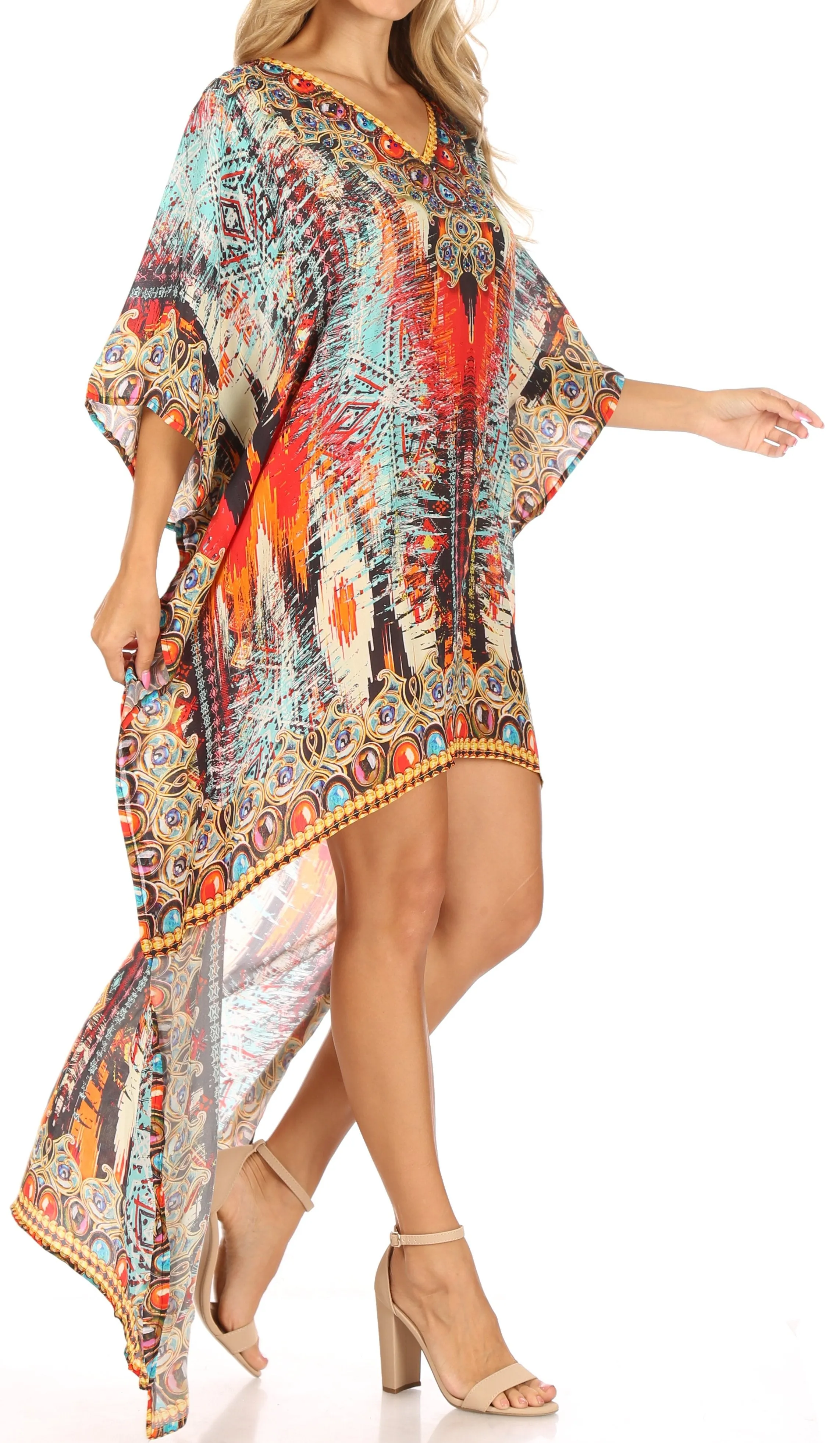 Sakkas Laisson Flowy Hi Low Caftan Rhinestone Boxy V Neck Dress Top Cover / Up