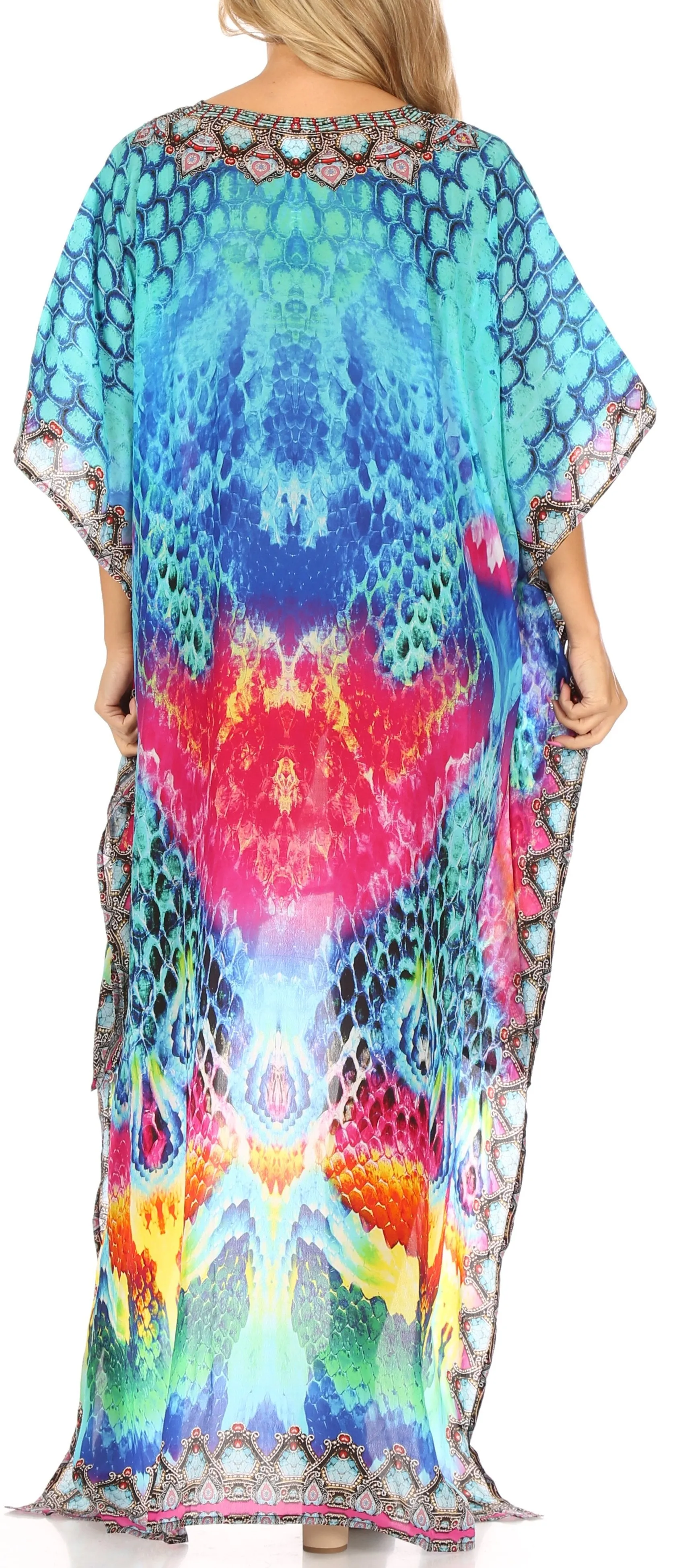 Sakkas Laisson Flowy Hi Low Caftan Rhinestone Boxy V Neck Dress Top Cover / Up