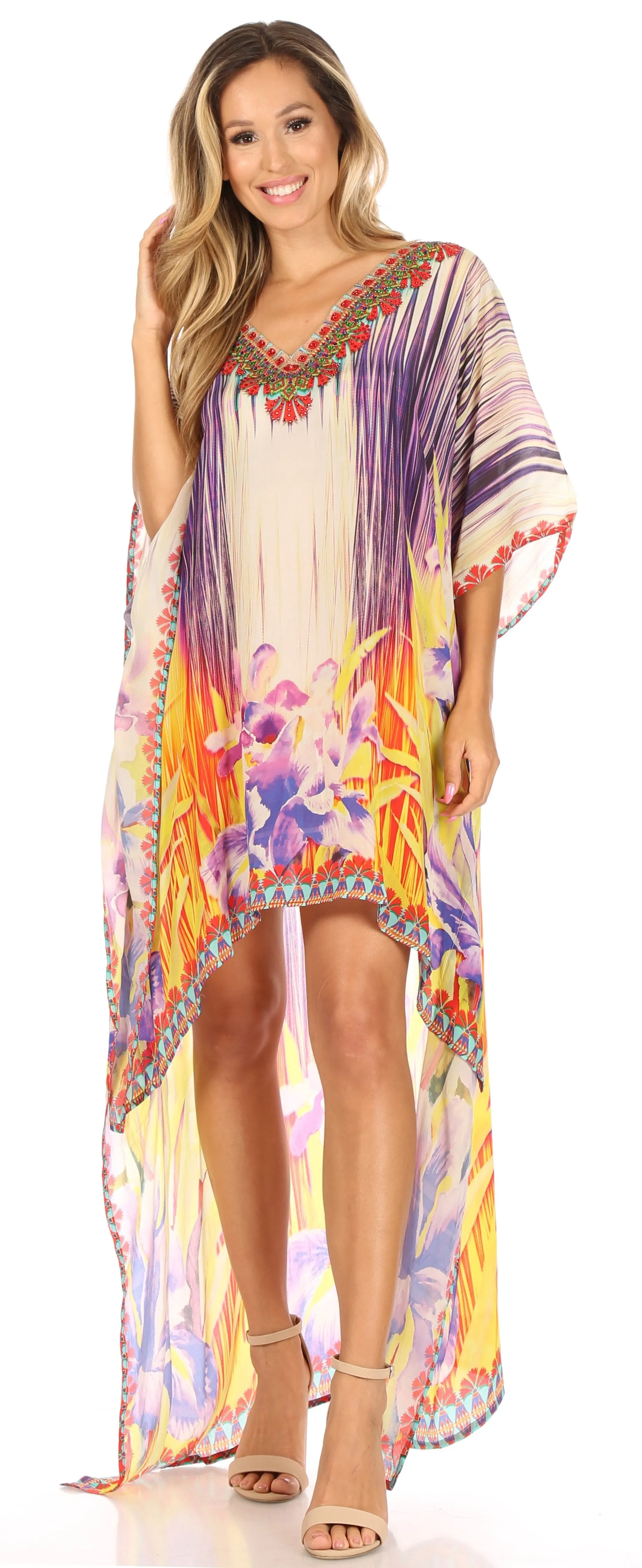 Sakkas Laisson Flowy Hi Low Caftan Rhinestone Boxy V Neck Dress Top Cover / Up