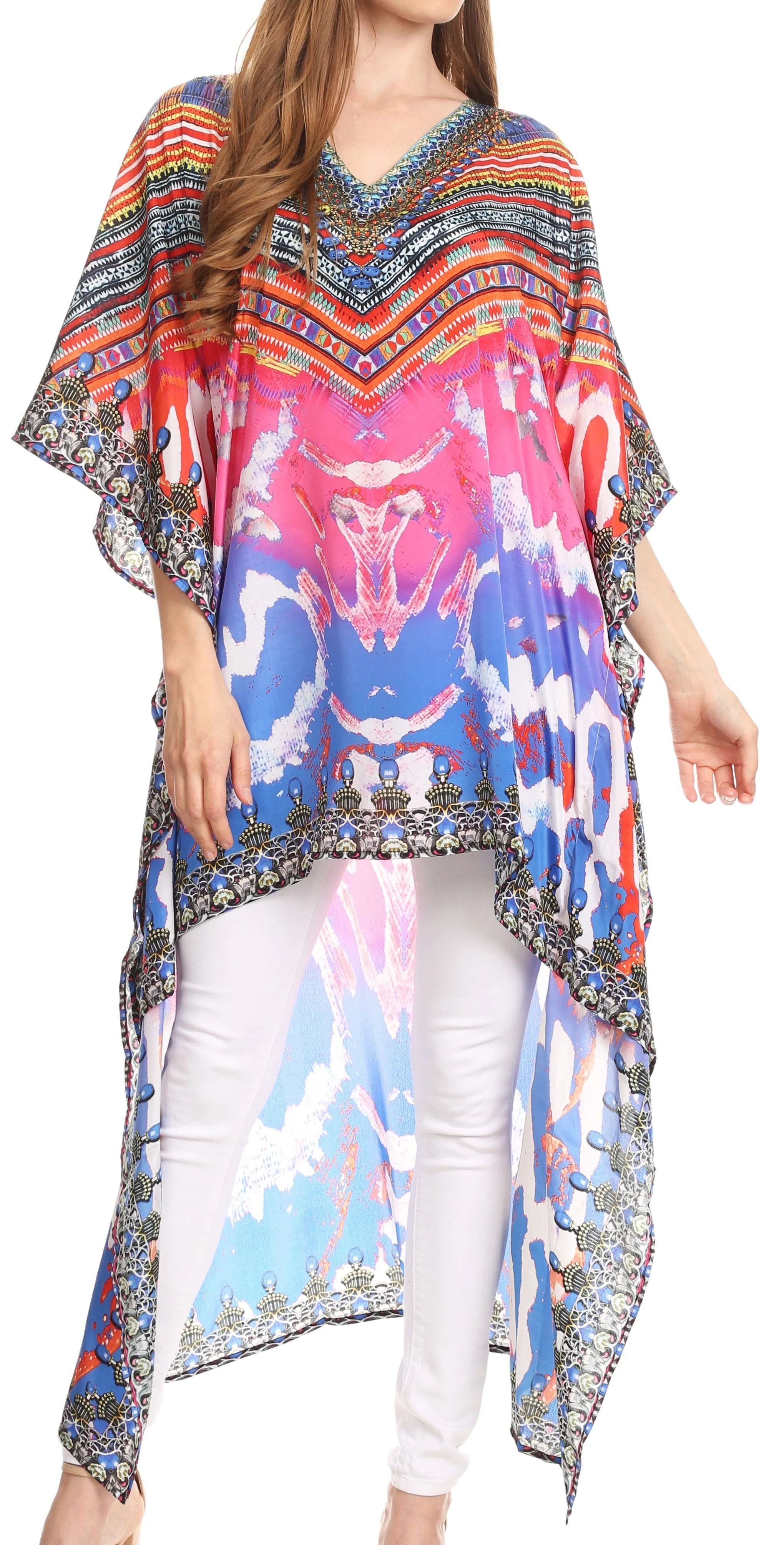 Sakkas Laisson Flowy Hi Low Caftan Rhinestone Boxy V Neck Dress Top Cover / Up