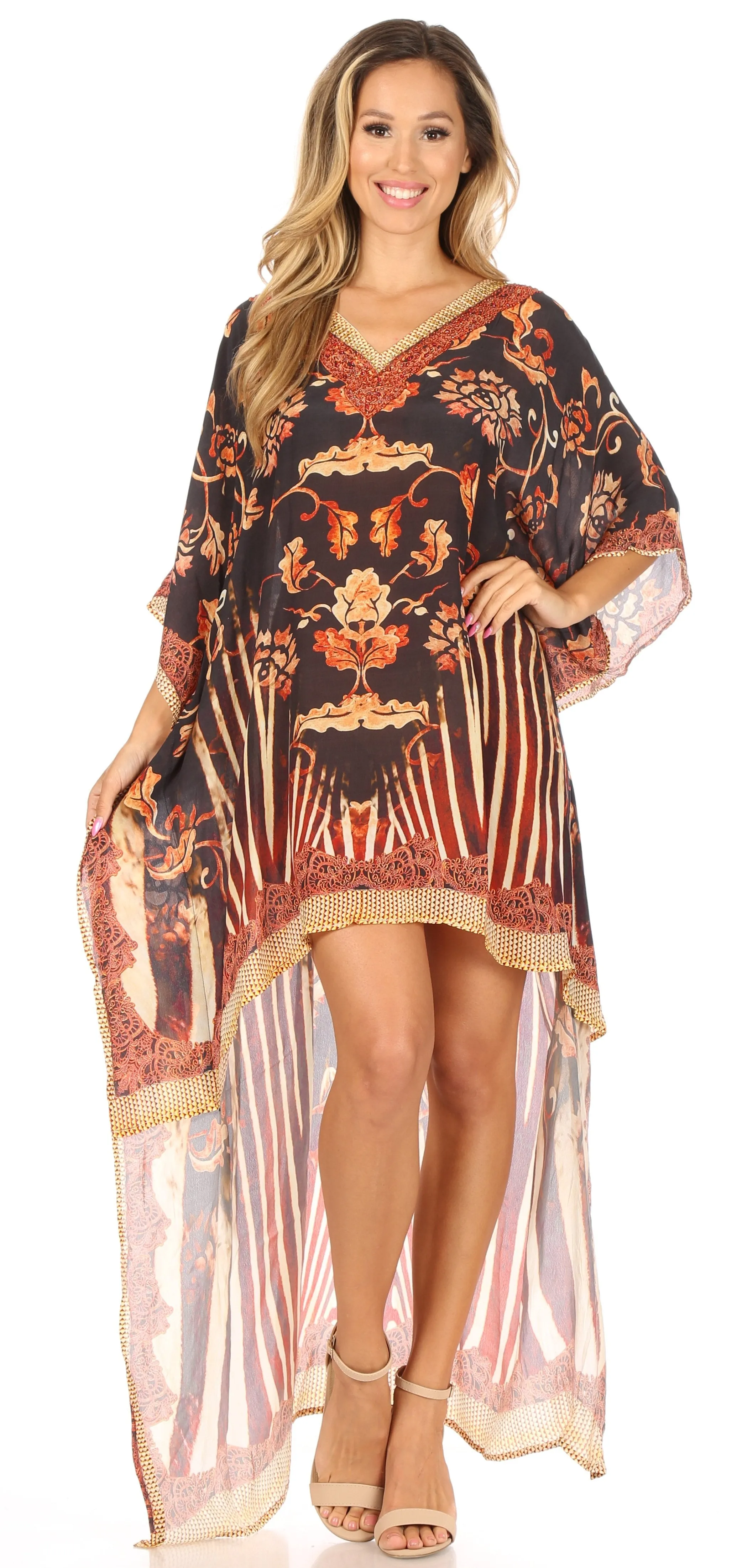 Sakkas Laisson Flowy Hi Low Caftan Rhinestone Boxy V Neck Dress Top Cover / Up