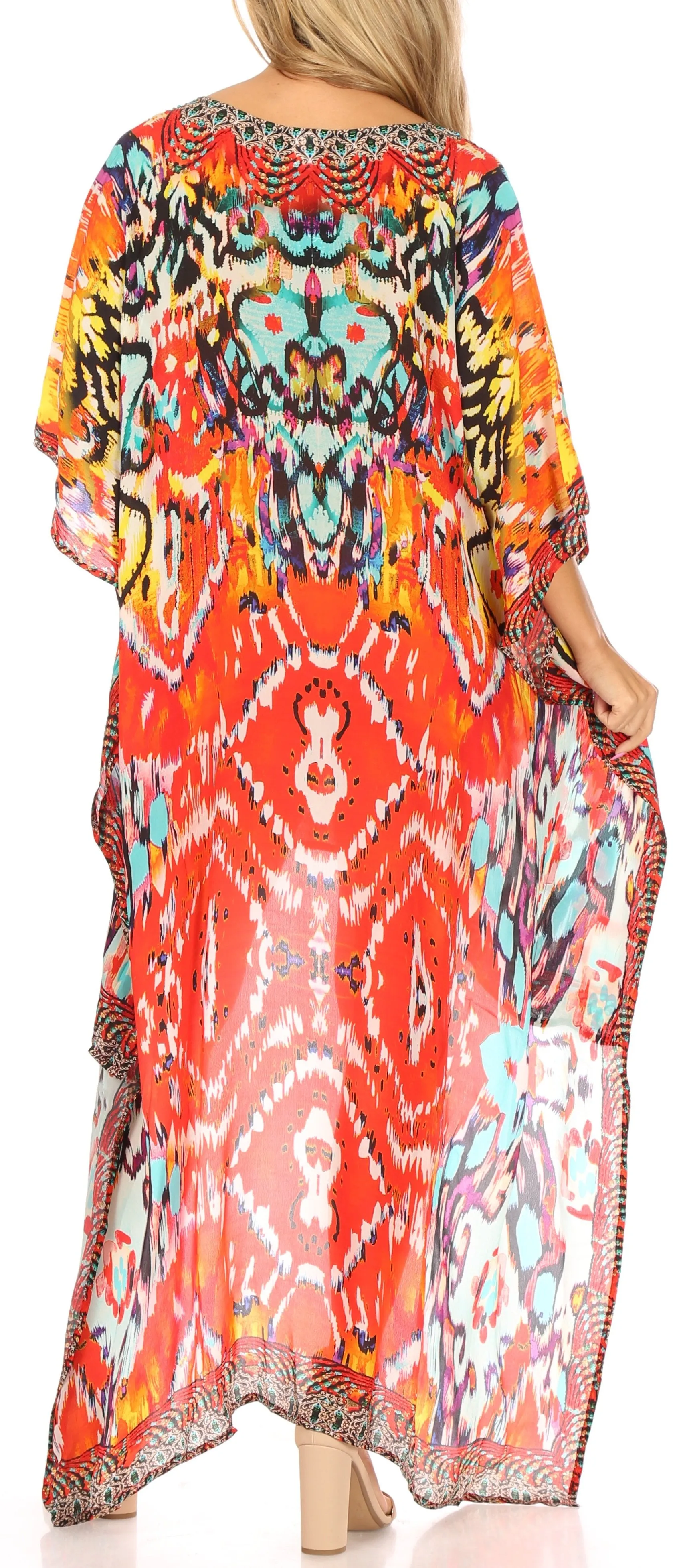 Sakkas Laisson Flowy Hi Low Caftan Rhinestone Boxy V Neck Dress Top Cover / Up