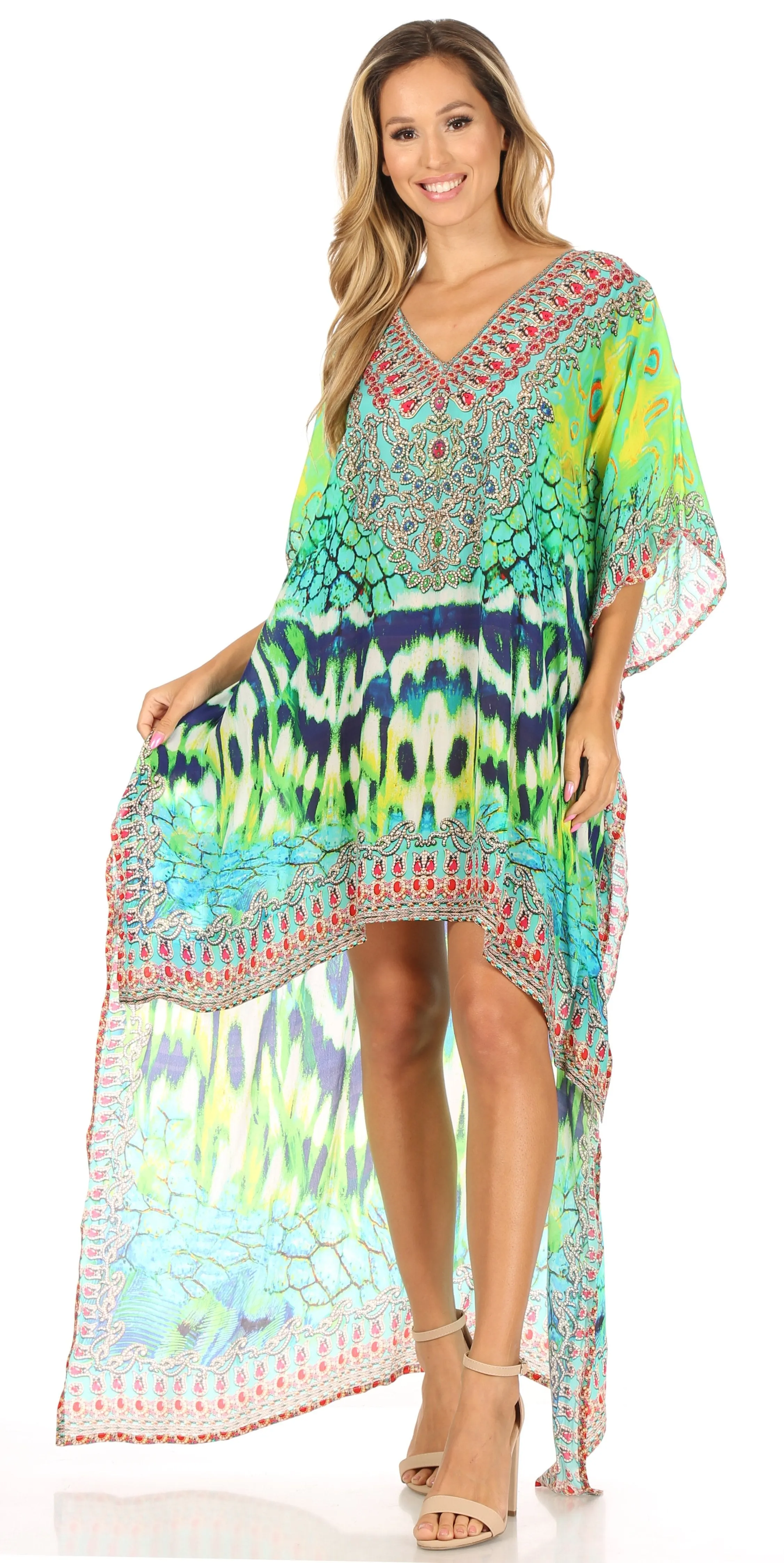 Sakkas Laisson Flowy Hi Low Caftan Rhinestone Boxy V Neck Dress Top Cover / Up