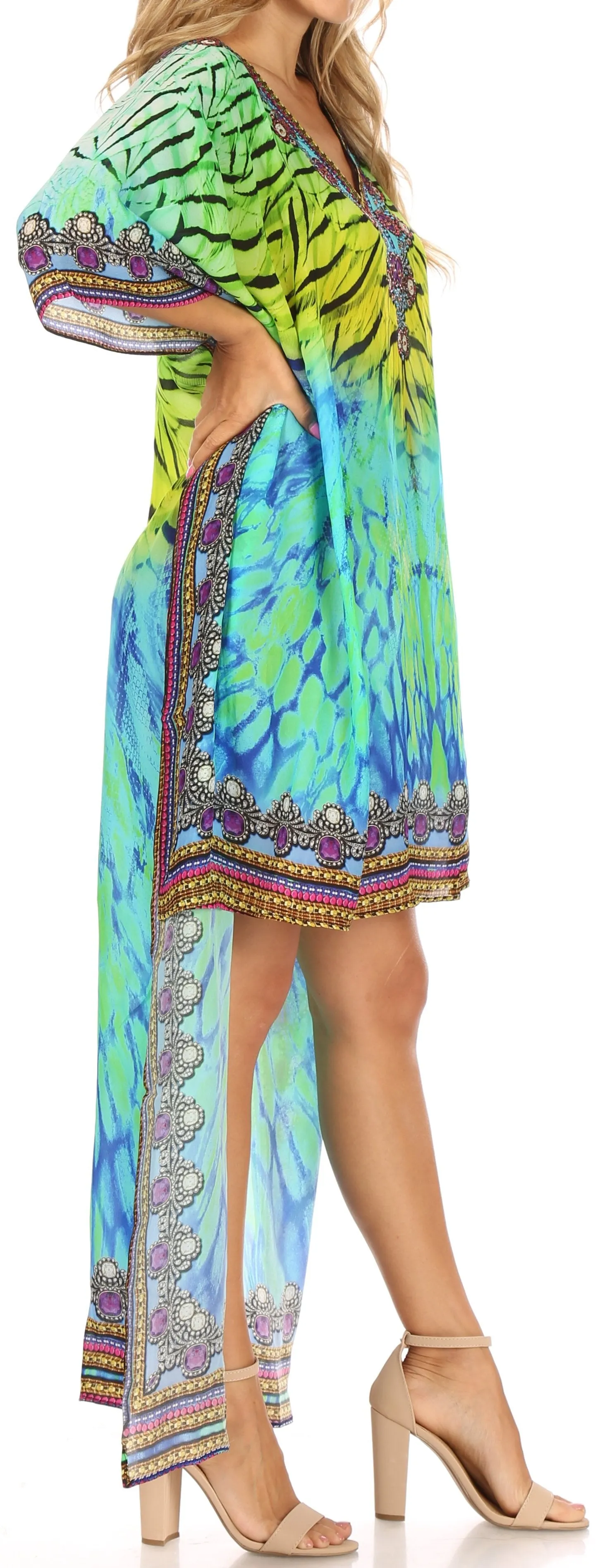 Sakkas Laisson Flowy Hi Low Caftan Rhinestone Boxy V Neck Dress Top Cover / Up