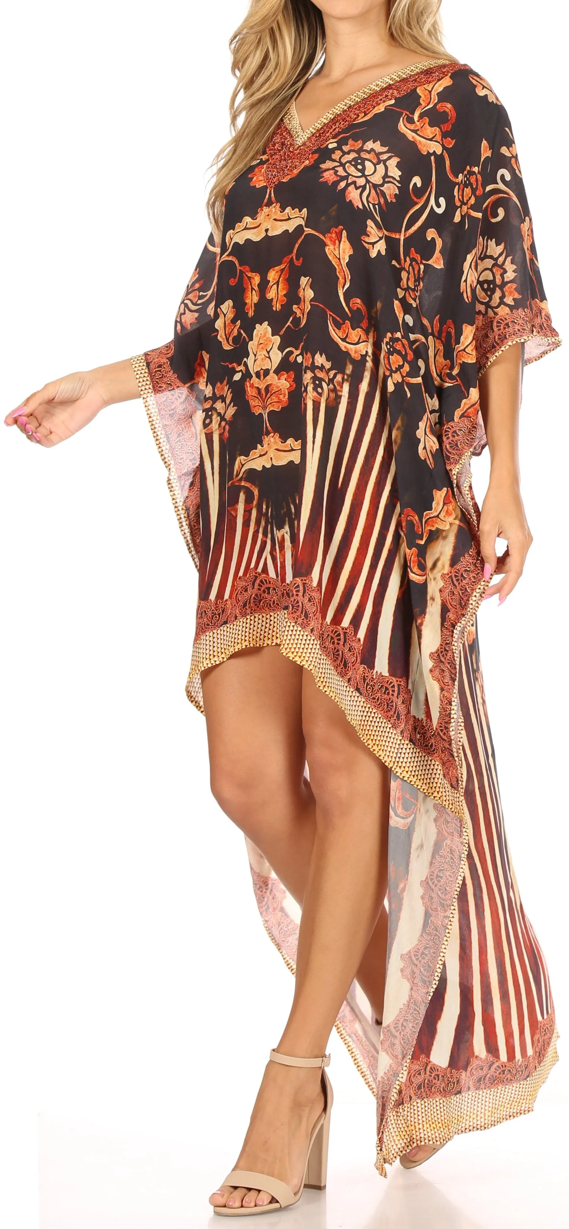 Sakkas Laisson Flowy Hi Low Caftan Rhinestone Boxy V Neck Dress Top Cover / Up