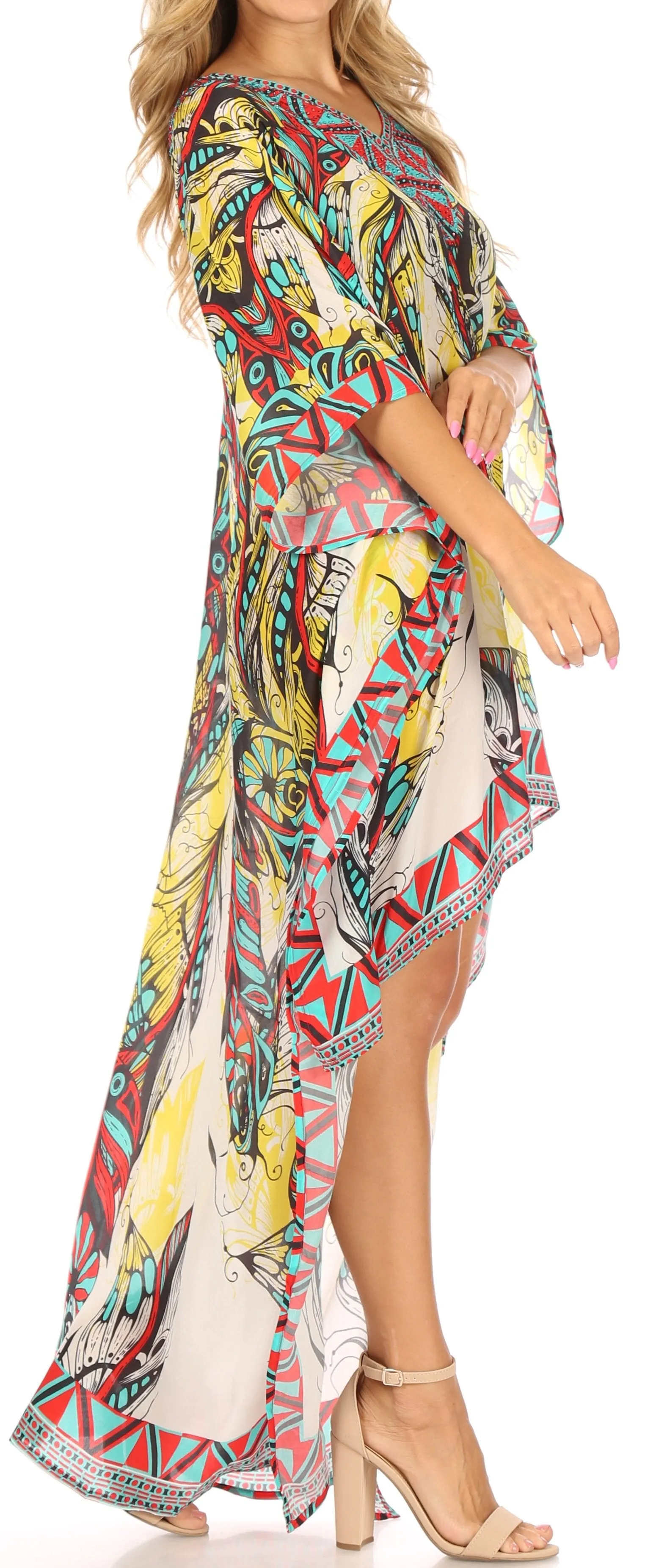 Sakkas Laisson Flowy Hi Low Caftan Rhinestone Boxy V Neck Dress Top Cover / Up