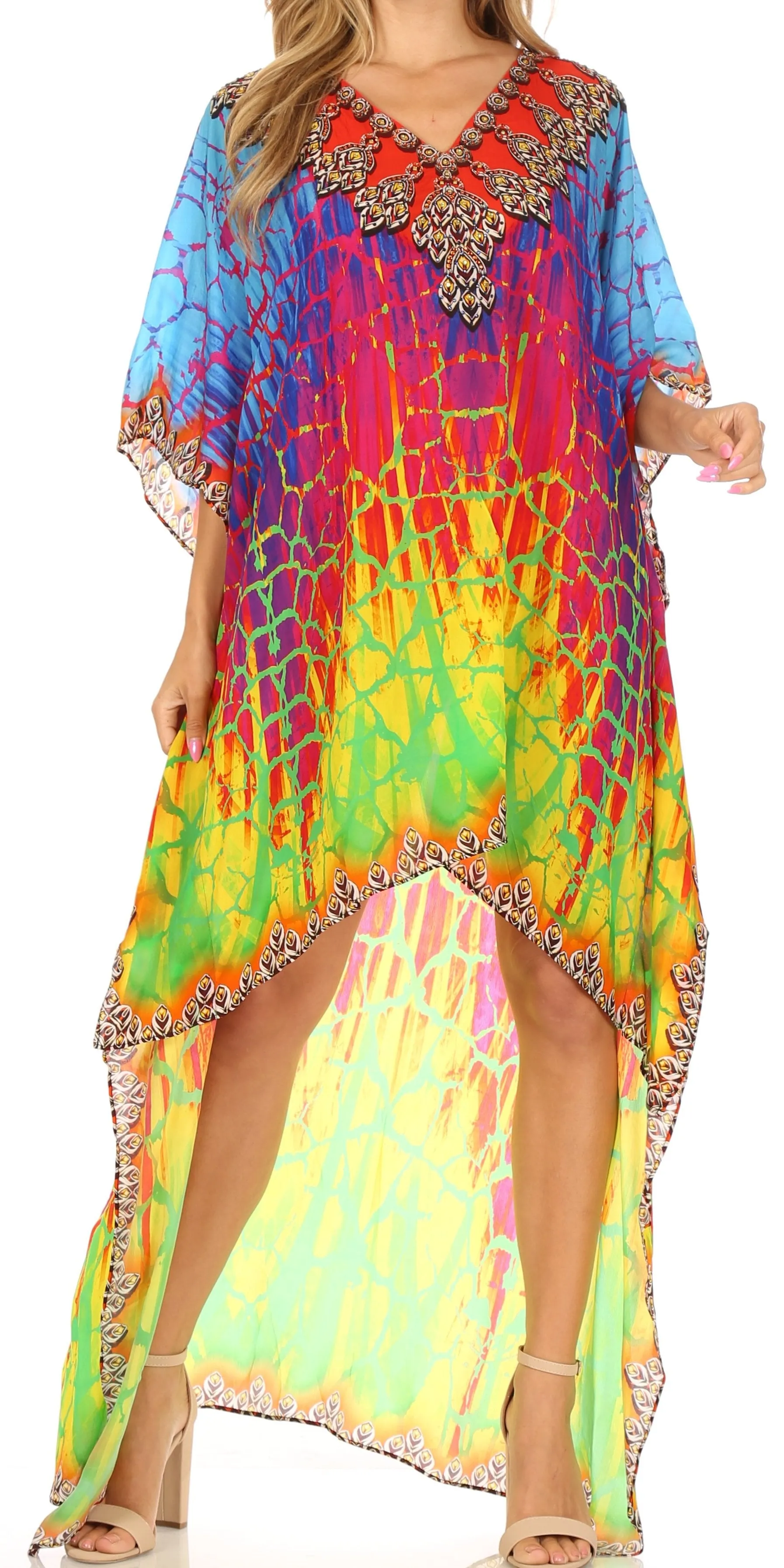 Sakkas Laisson Flowy Hi Low Caftan Rhinestone Boxy V Neck Dress Top Cover / Up