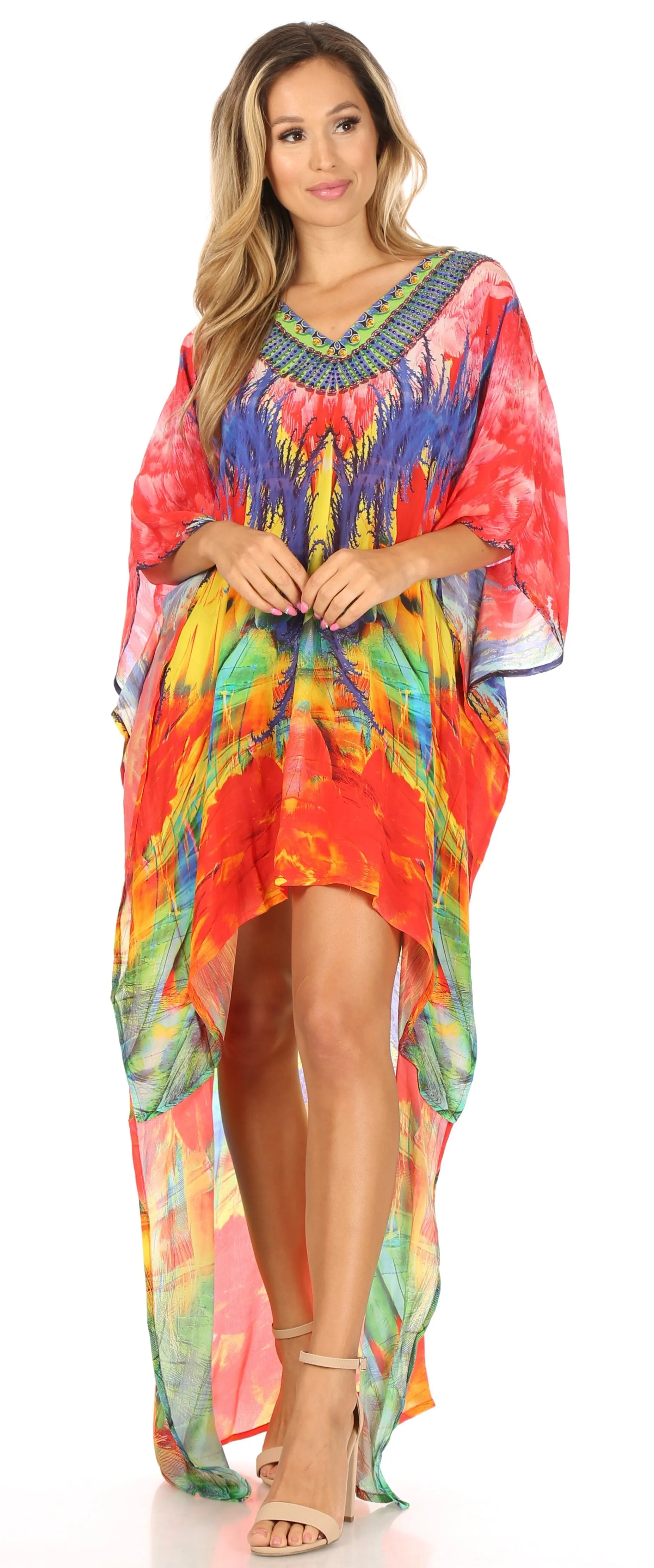 Sakkas Laisson Flowy Hi Low Caftan Rhinestone Boxy V Neck Dress Top Cover / Up