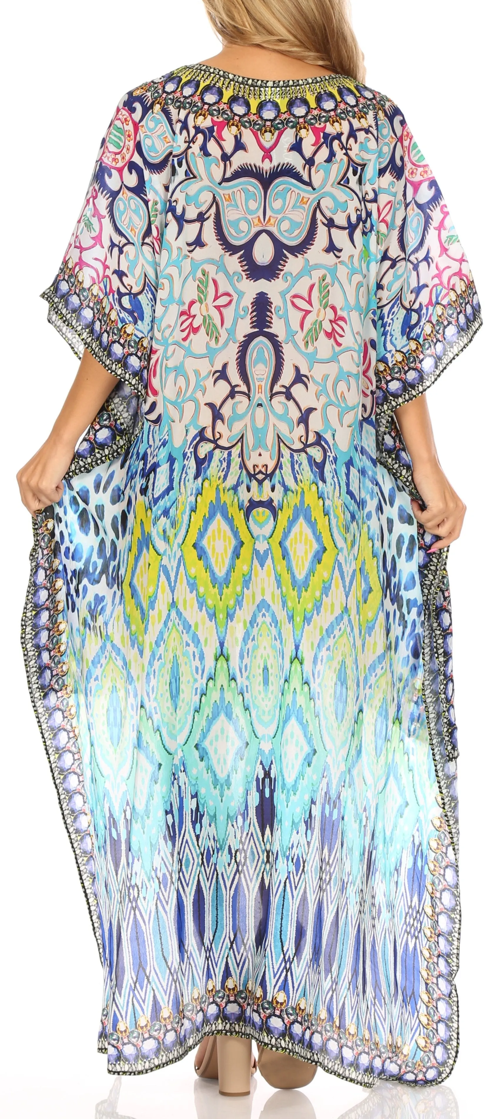 Sakkas Laisson Flowy Hi Low Caftan Rhinestone Boxy V Neck Dress Top Cover / Up