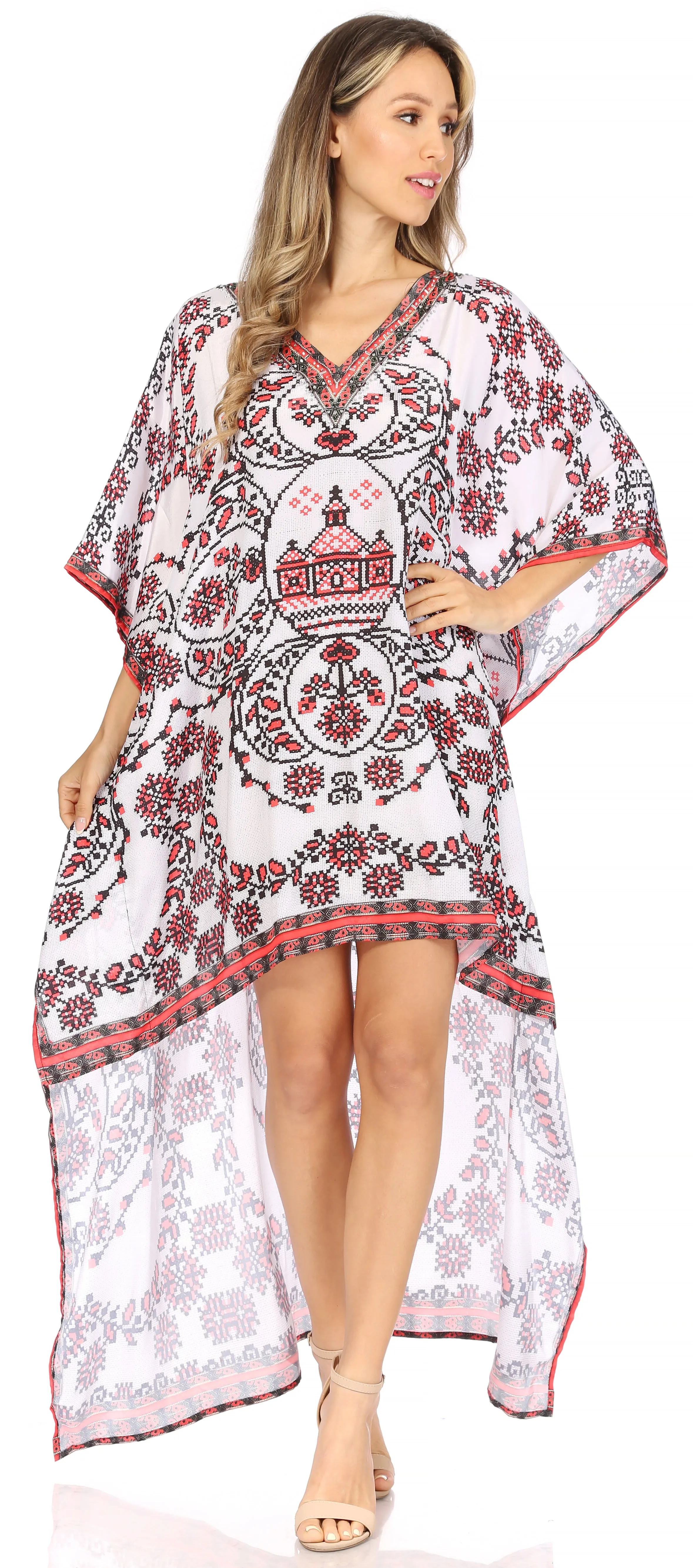 Sakkas Laisson Flowy Hi Low Caftan Rhinestone Boxy V Neck Dress Top Cover / Up