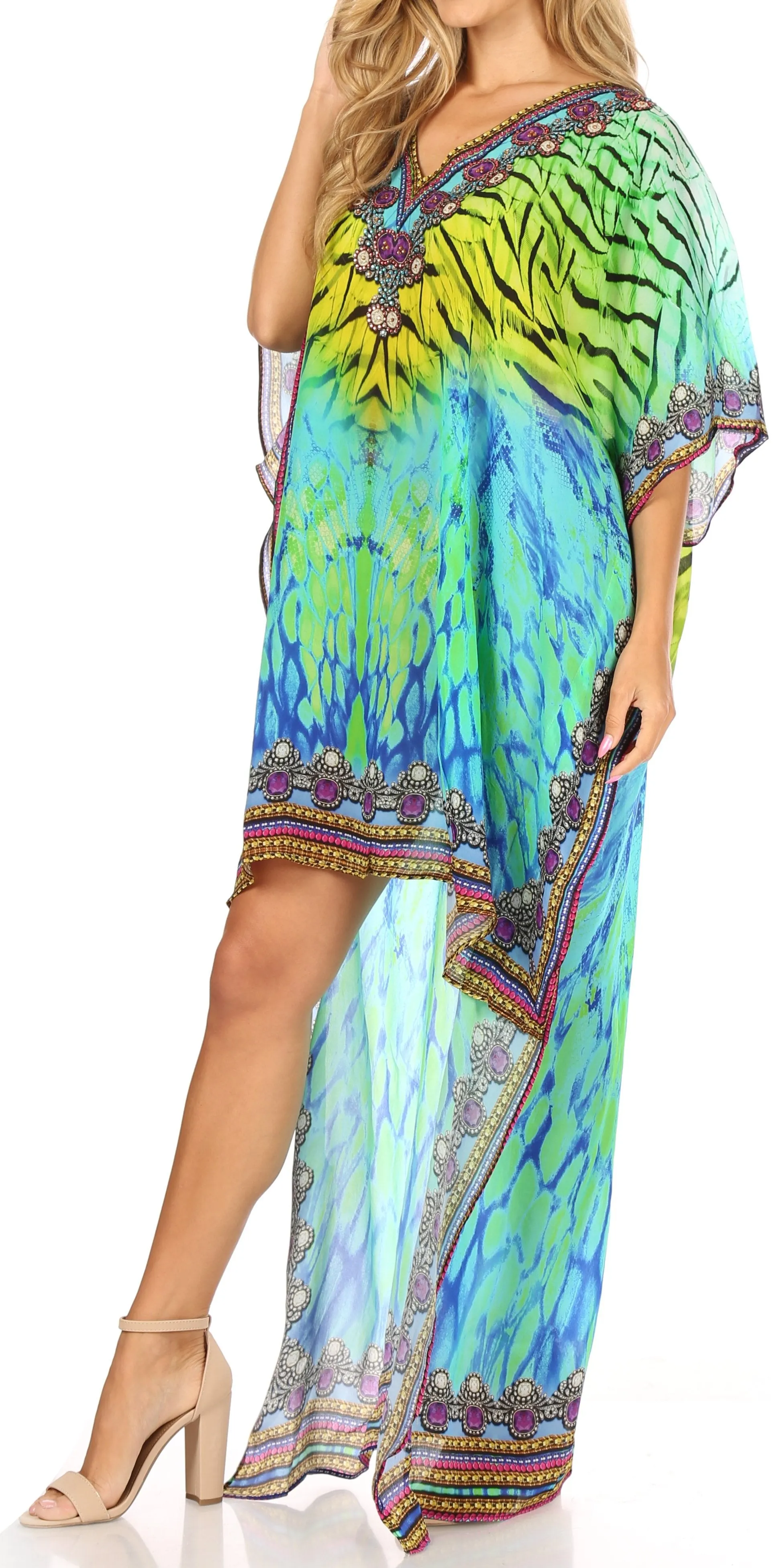 Sakkas Laisson Flowy Hi Low Caftan Rhinestone Boxy V Neck Dress Top Cover / Up