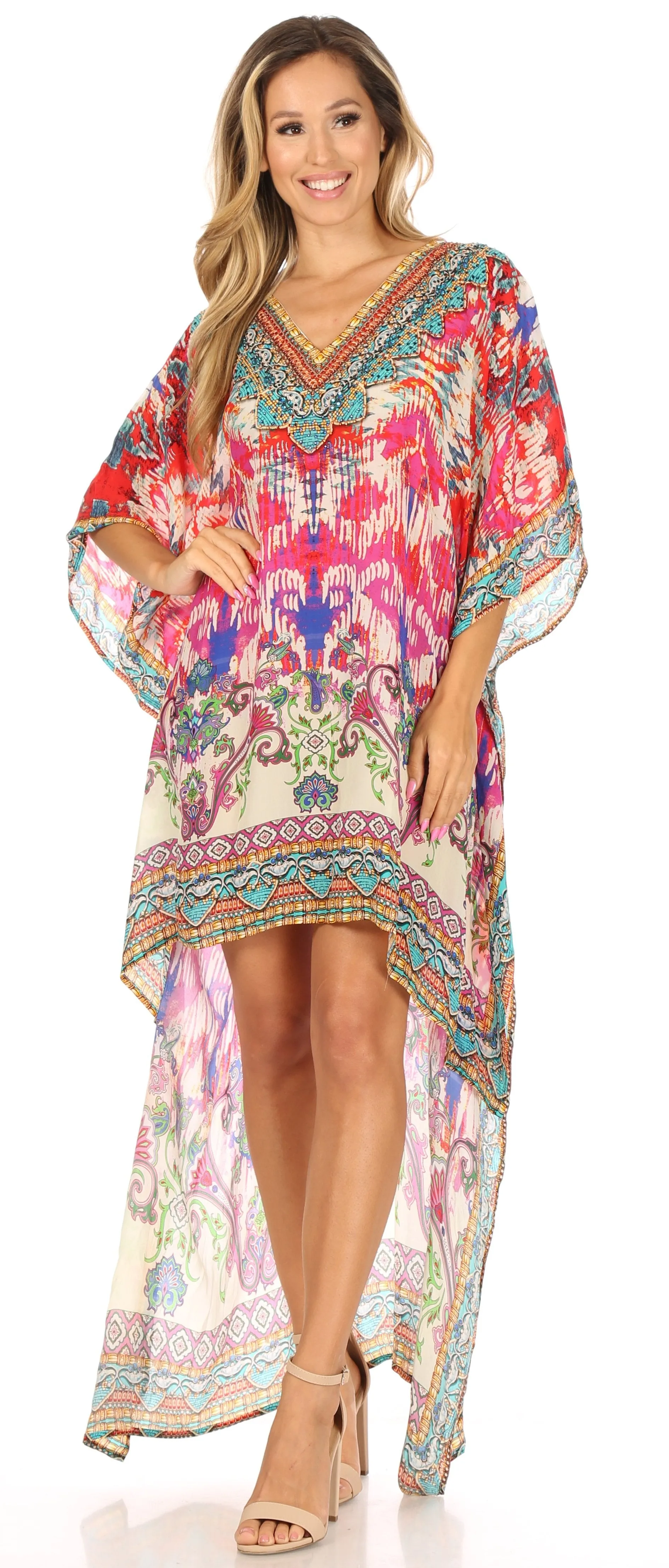 Sakkas Laisson Flowy Hi Low Caftan Rhinestone Boxy V Neck Dress Top Cover / Up