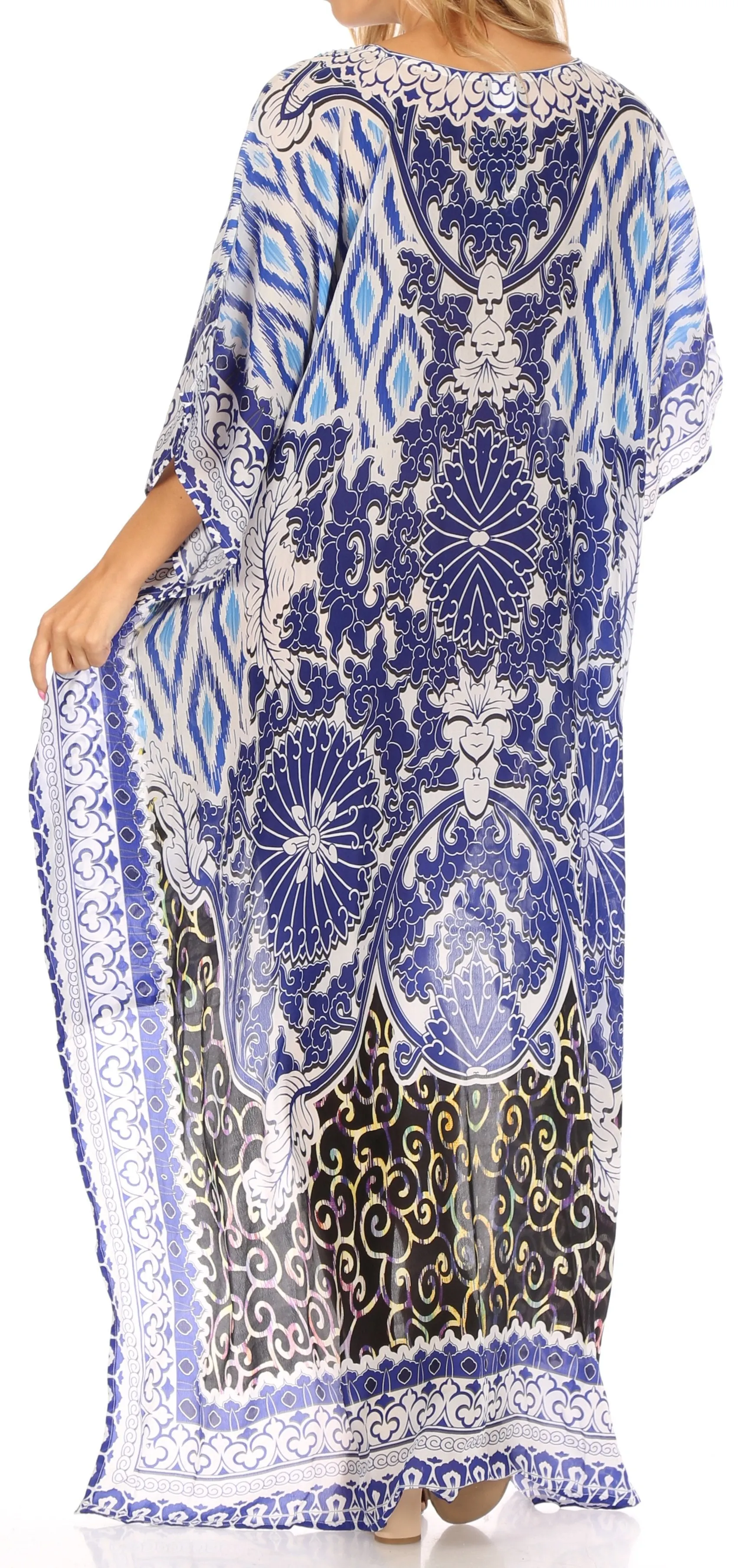 Sakkas Laisson Flowy Hi Low Caftan Rhinestone Boxy V Neck Dress Top Cover / Up