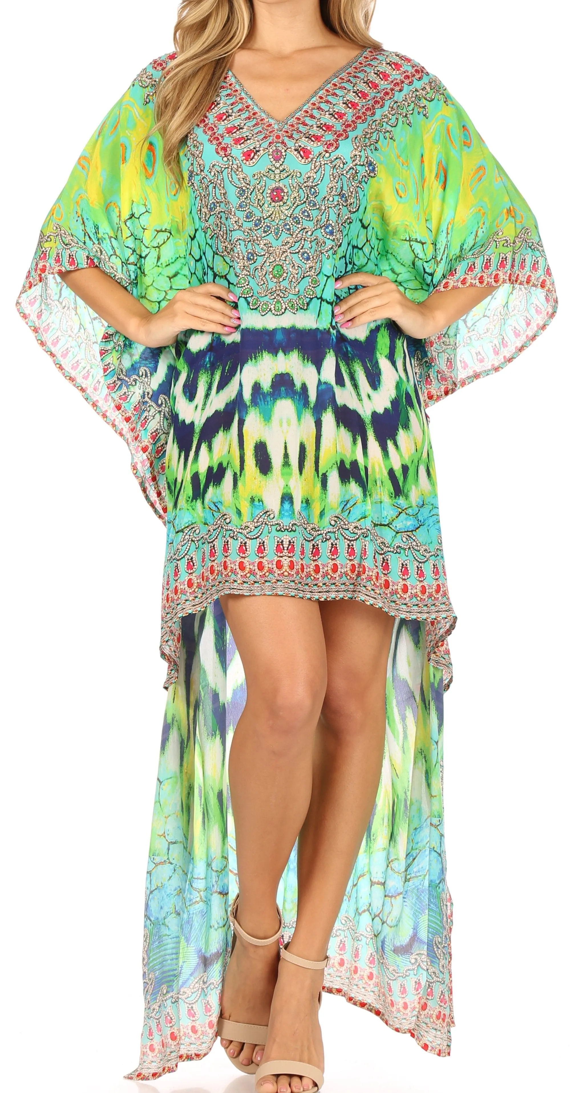 Sakkas Laisson Flowy Hi Low Caftan Rhinestone Boxy V Neck Dress Top Cover / Up