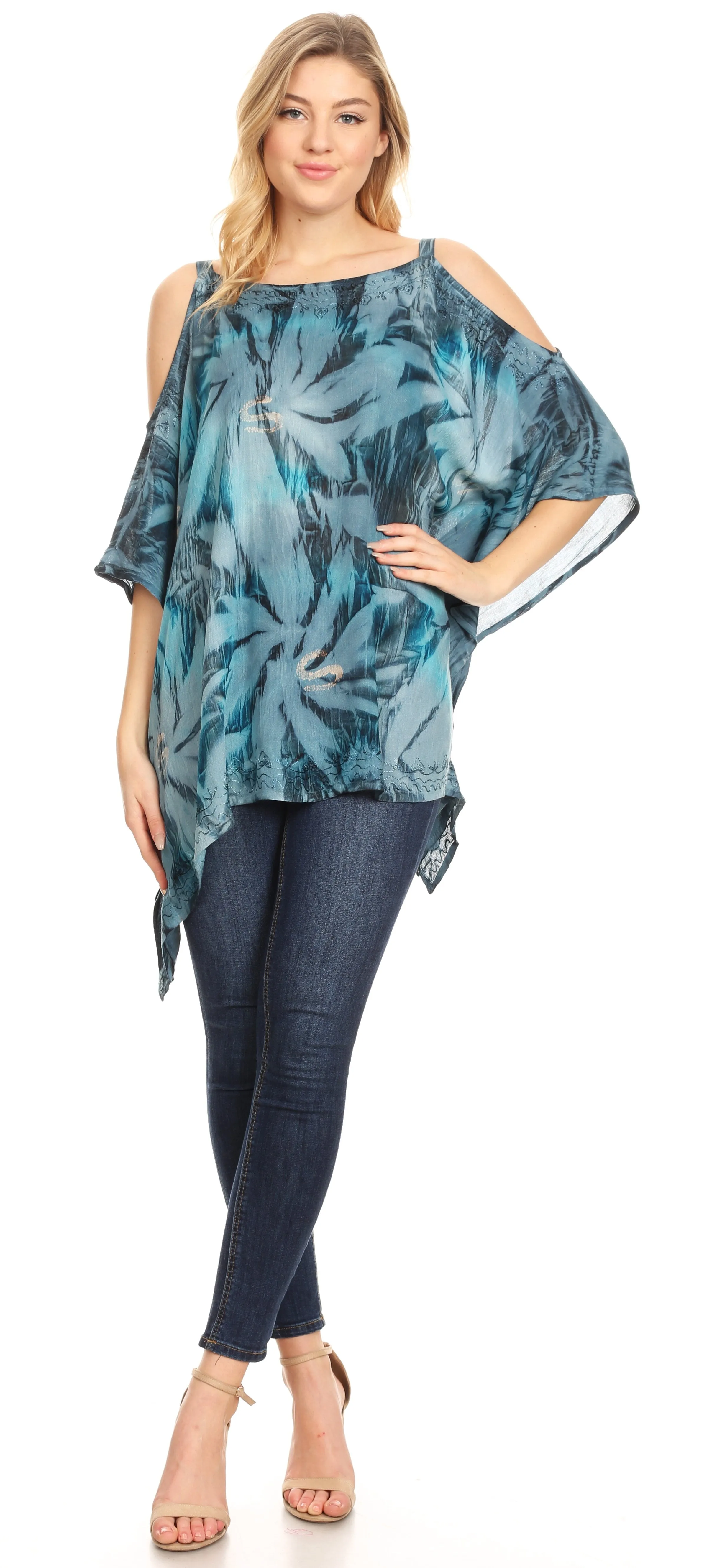 Sakkas Lucia Women's Tie Dye Embroidered Cold Shoulder Loose Tunic Blouse Top Tank