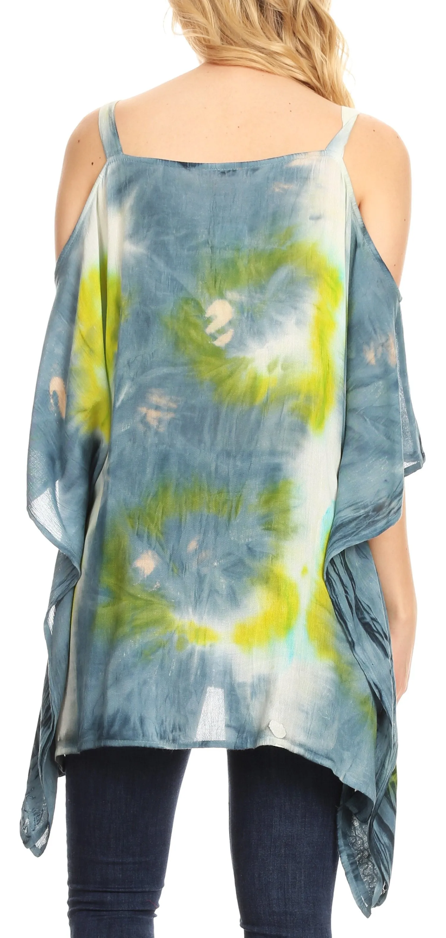 Sakkas Lucia Women's Tie Dye Embroidered Cold Shoulder Loose Tunic Blouse Top Tank