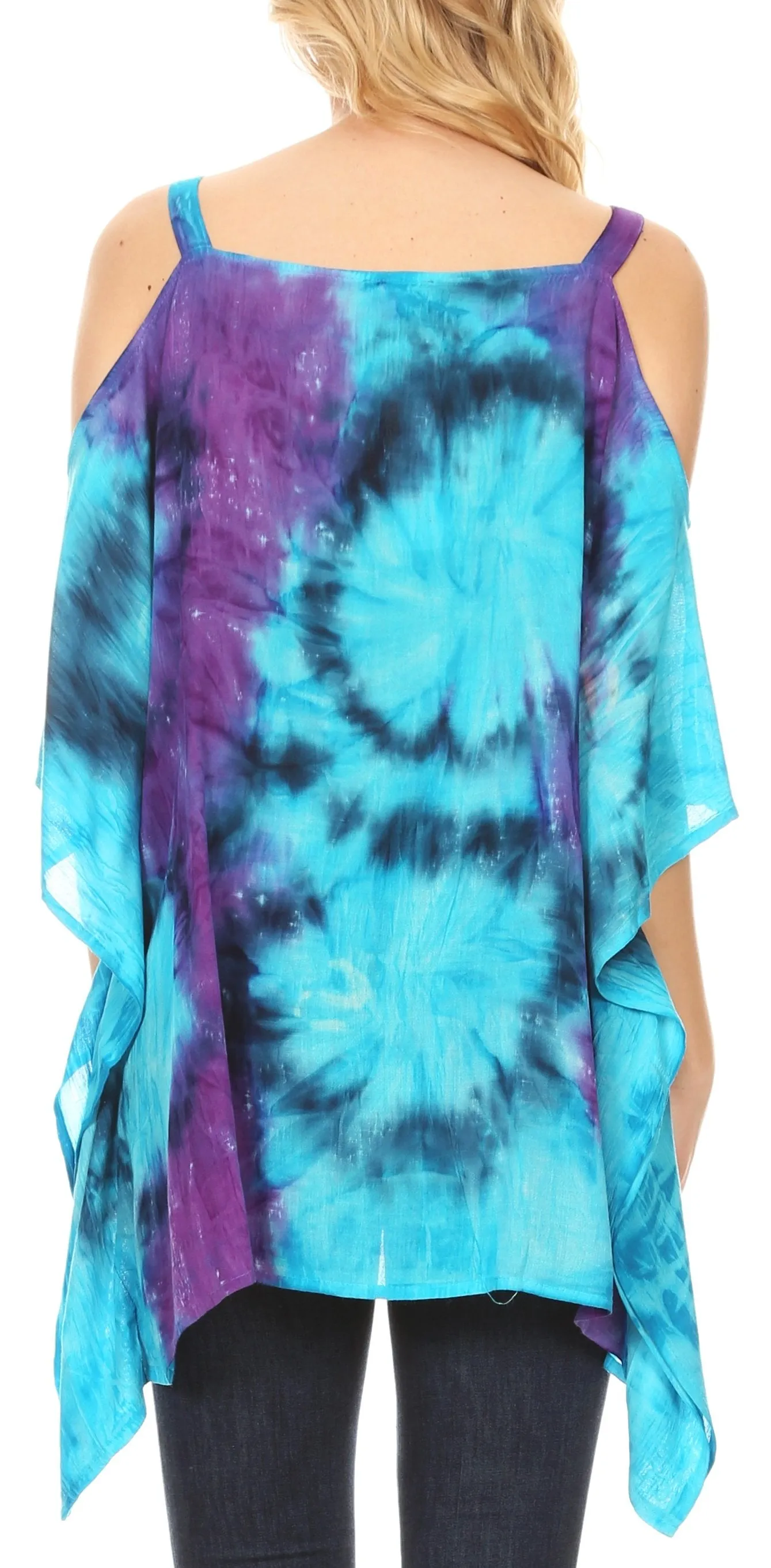 Sakkas Lucia Women's Tie Dye Embroidered Cold Shoulder Loose Tunic Blouse Top Tank