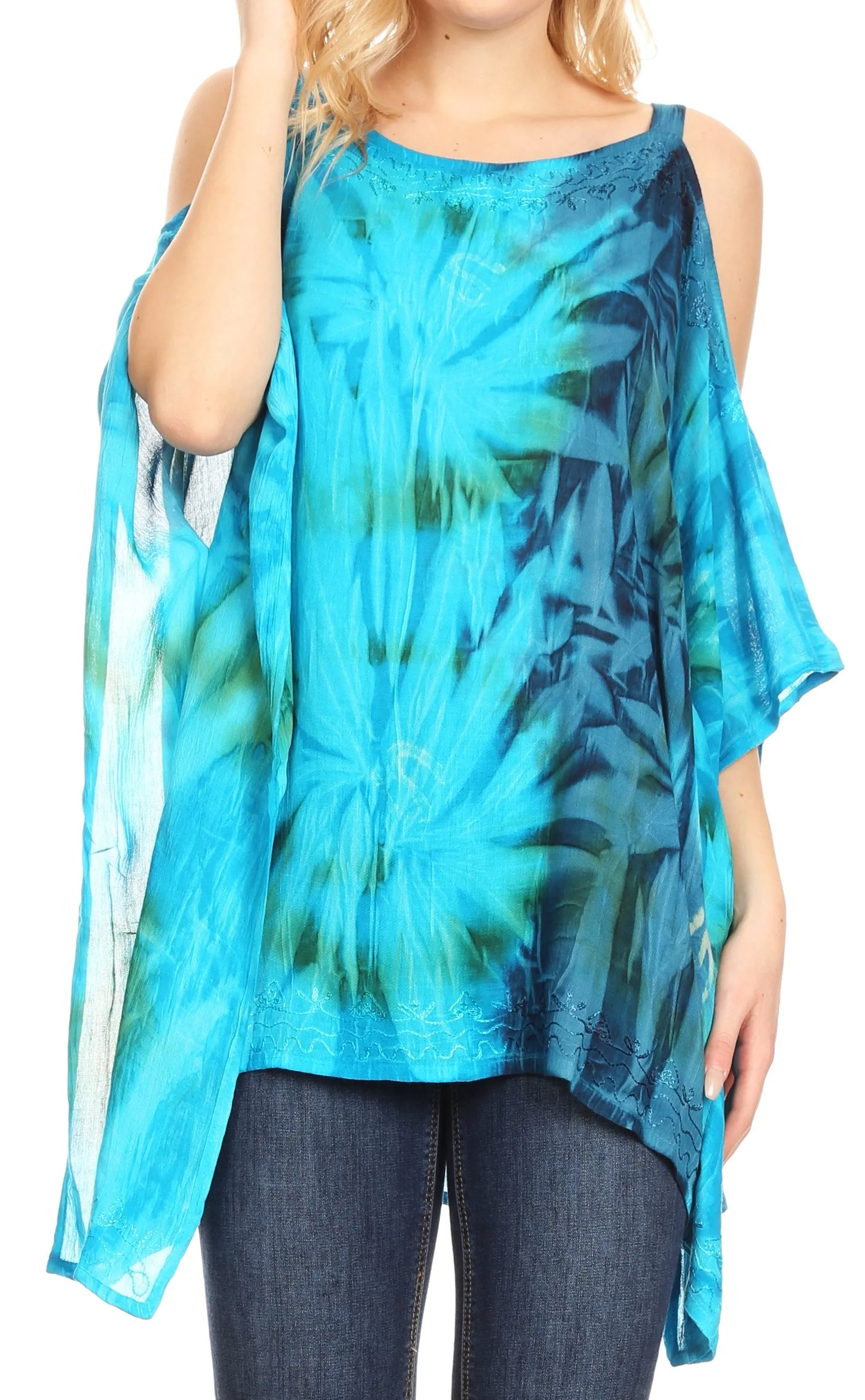 Sakkas Lucia Women's Tie Dye Embroidered Cold Shoulder Loose Tunic Blouse Top Tank