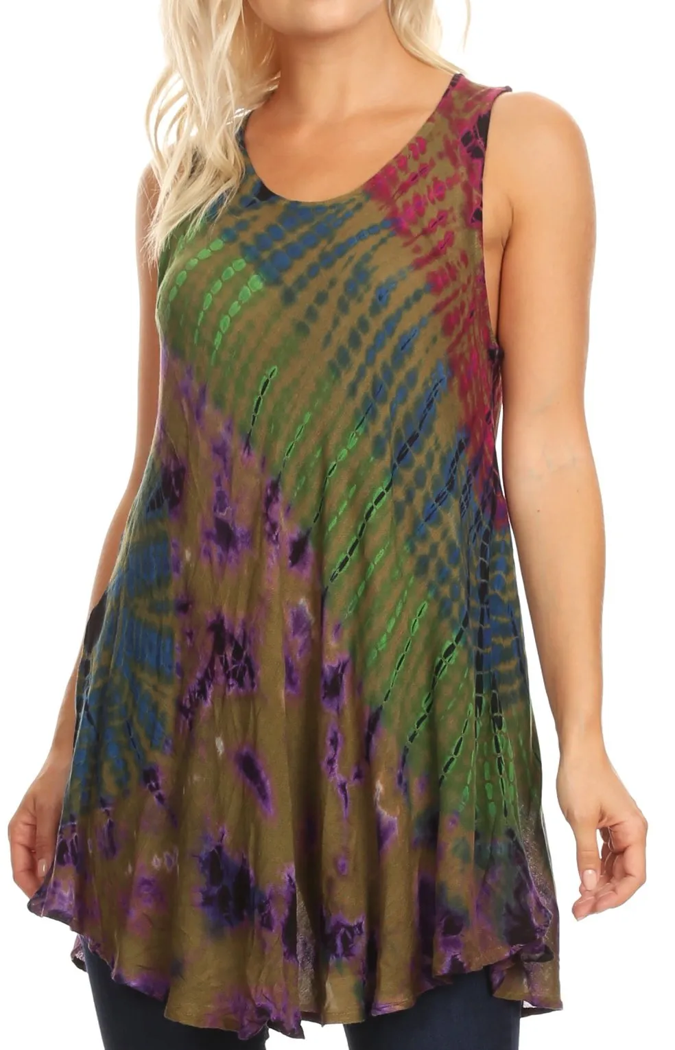 Sakkas Natalia Womens Summer Sleeveless Tie Dye Flare Tank Top Tunic Blouse