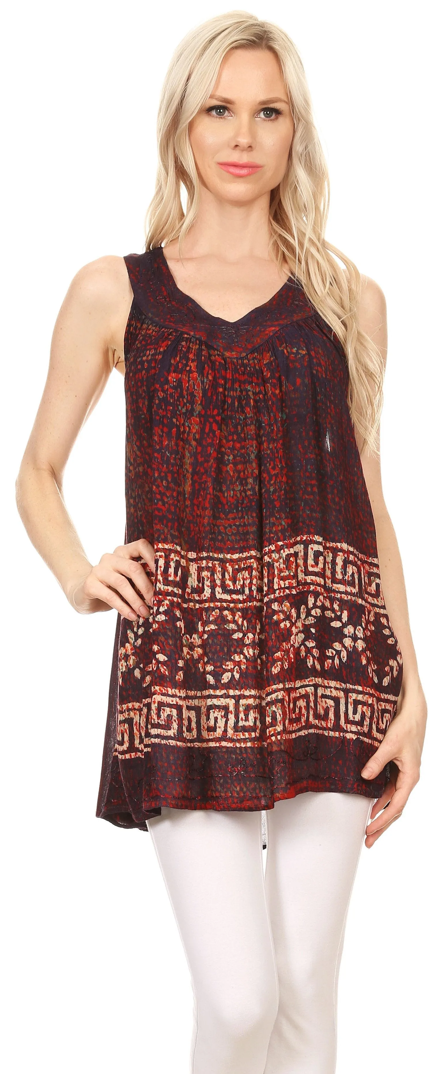 Sakkas Silvia Sleeveless V-neck Printed Tank Top Blouse