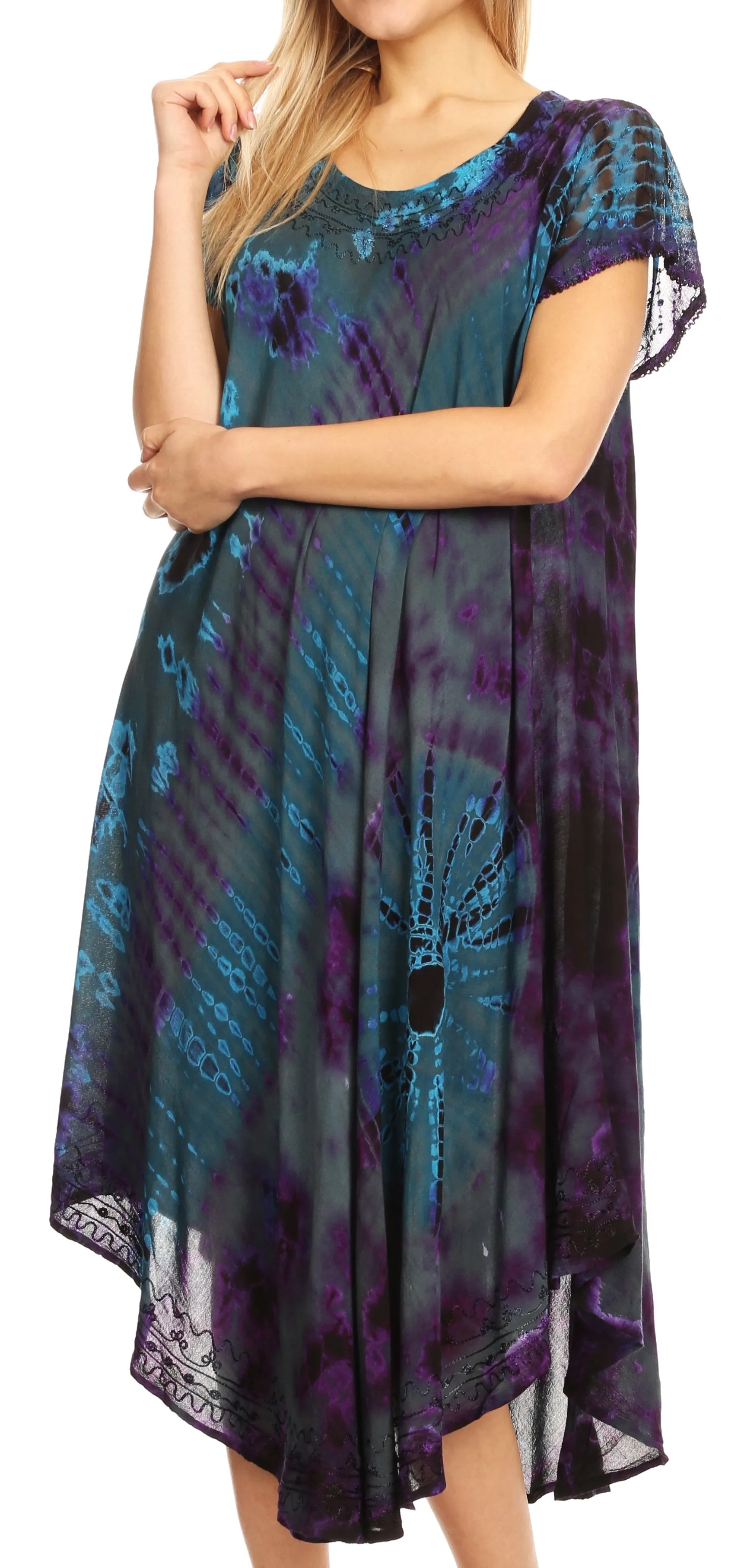 Sakkas Sofi Women's Short Sleeve Embroidered Tie Dye Caftan Tank Dress / Cover Up