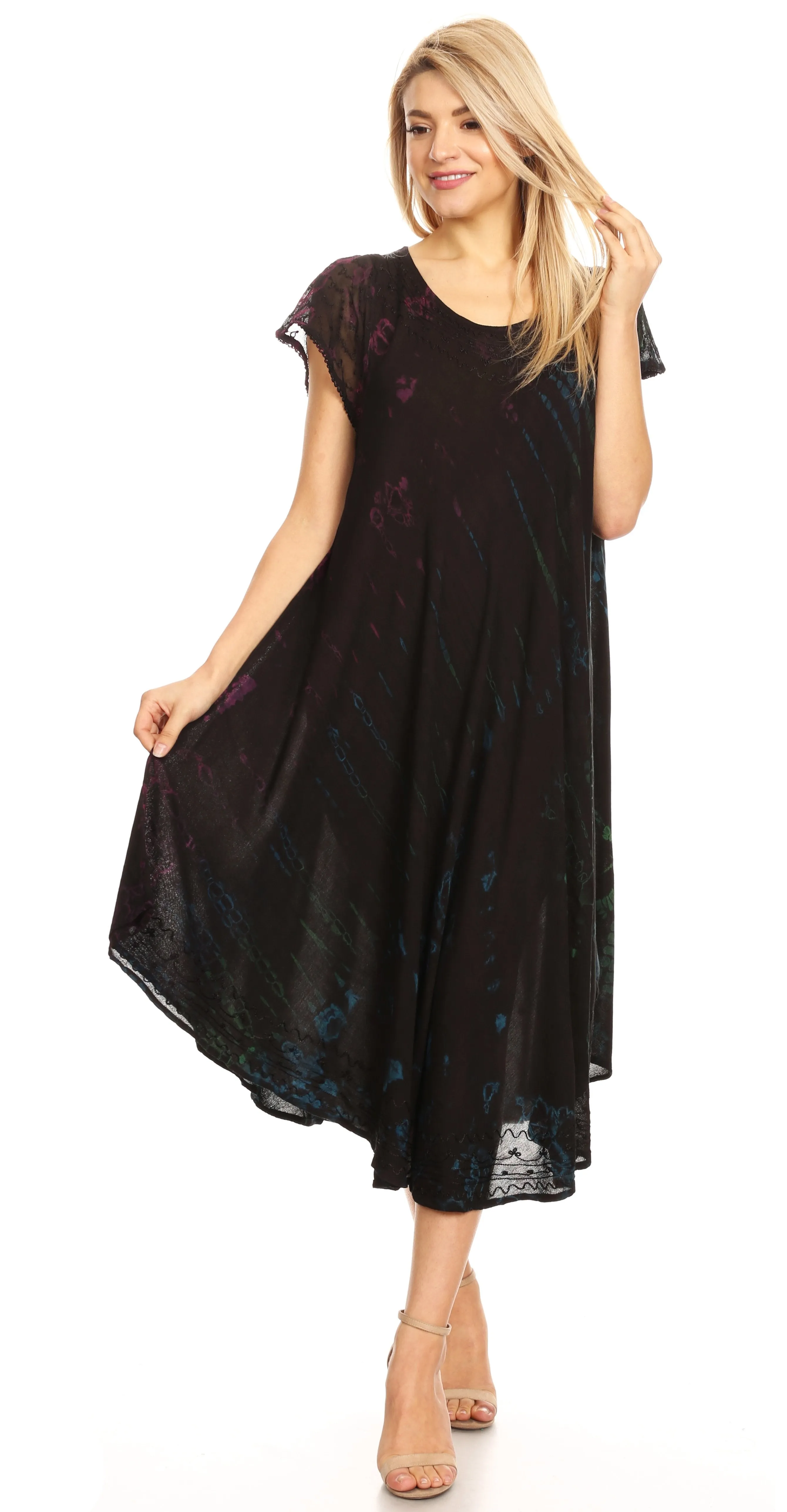 Sakkas Sofi Women's Short Sleeve Embroidered Tie Dye Caftan Tank Dress / Cover Up