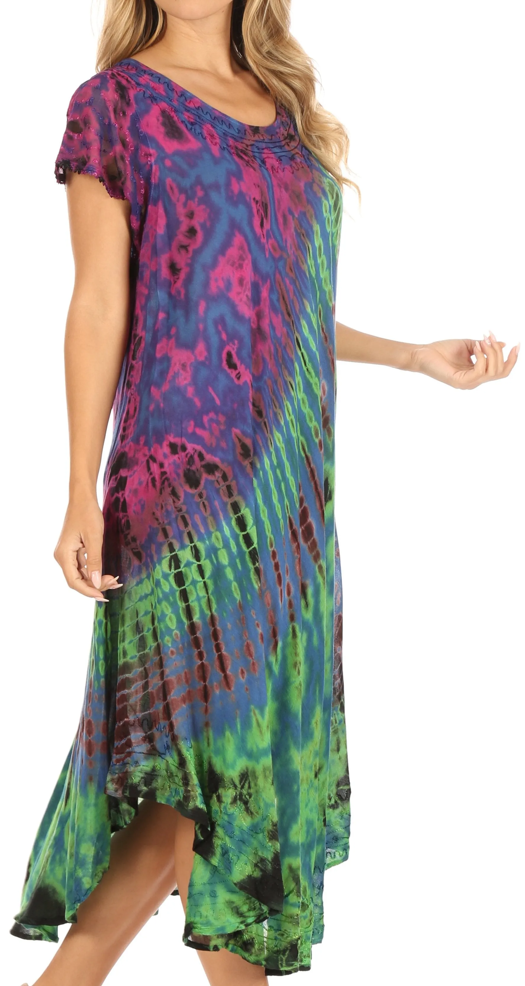 Sakkas Sofi Women's Short Sleeve Embroidered Tie Dye Caftan Tank Dress / Cover Up