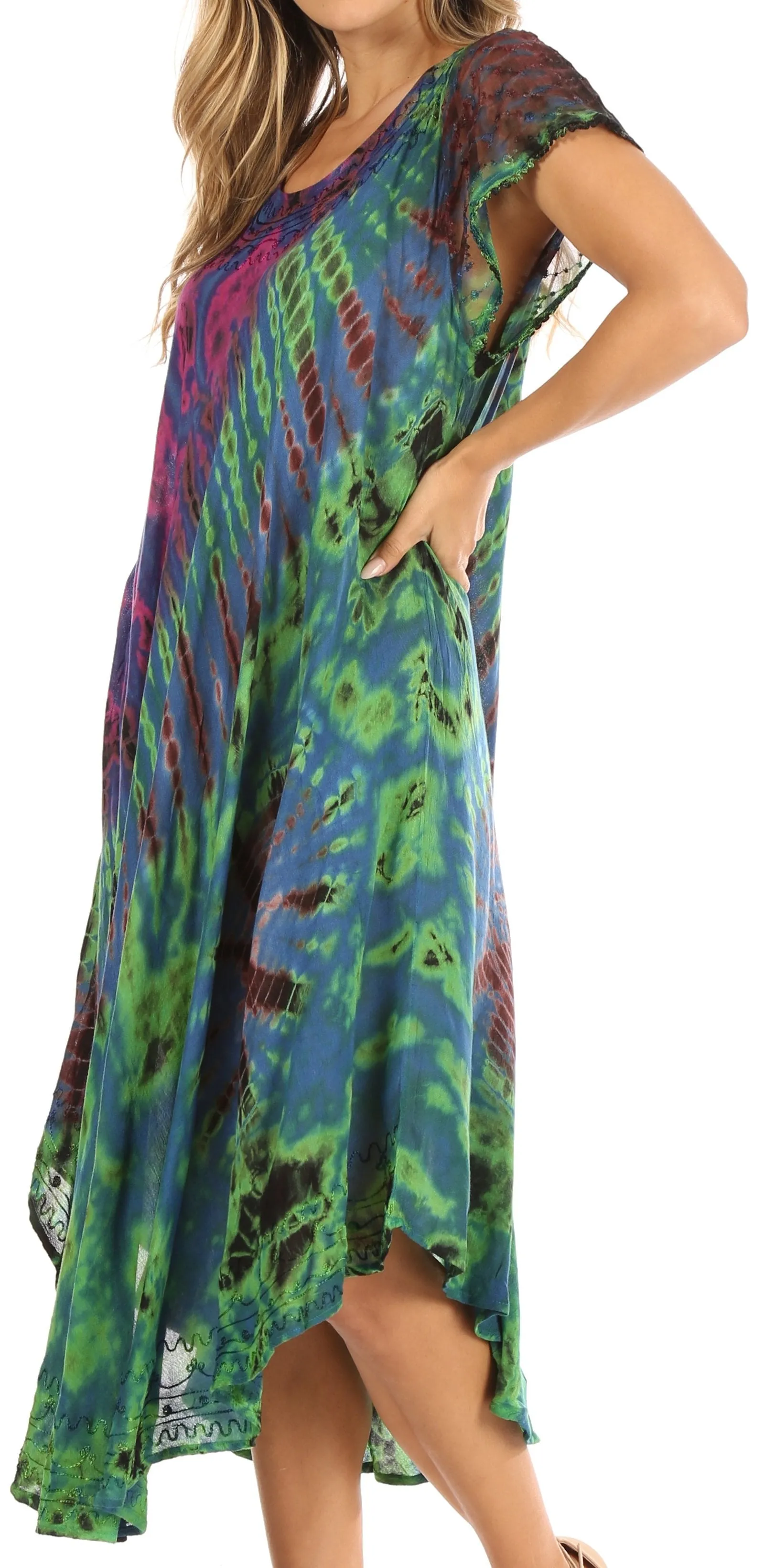 Sakkas Sofi Women's Short Sleeve Embroidered Tie Dye Caftan Tank Dress / Cover Up