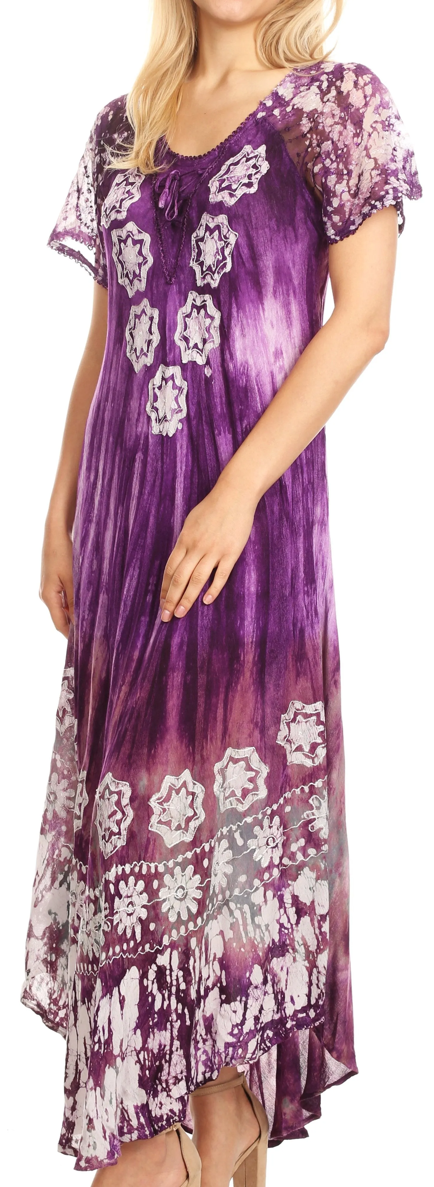 Sakkas Sofia Women's Flowy Summer Maxi Beach Dress Tie-dye w/Batik & Short Sleeves