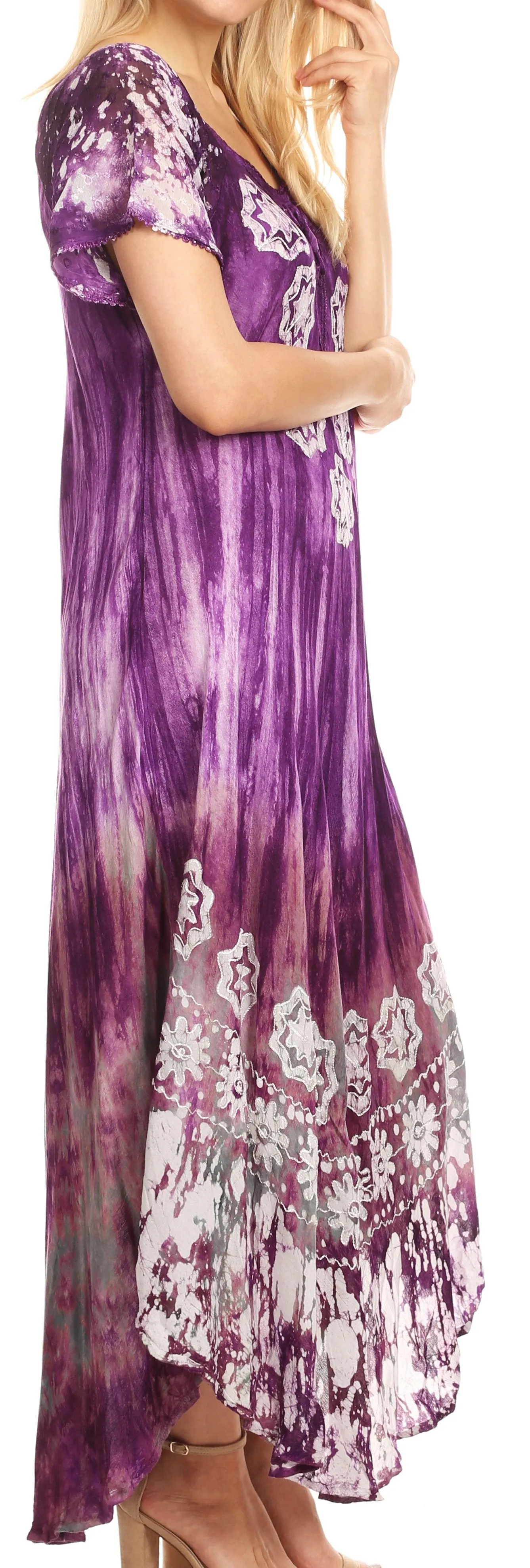 Sakkas Sofia Women's Flowy Summer Maxi Beach Dress Tie-dye w/Batik & Short Sleeves