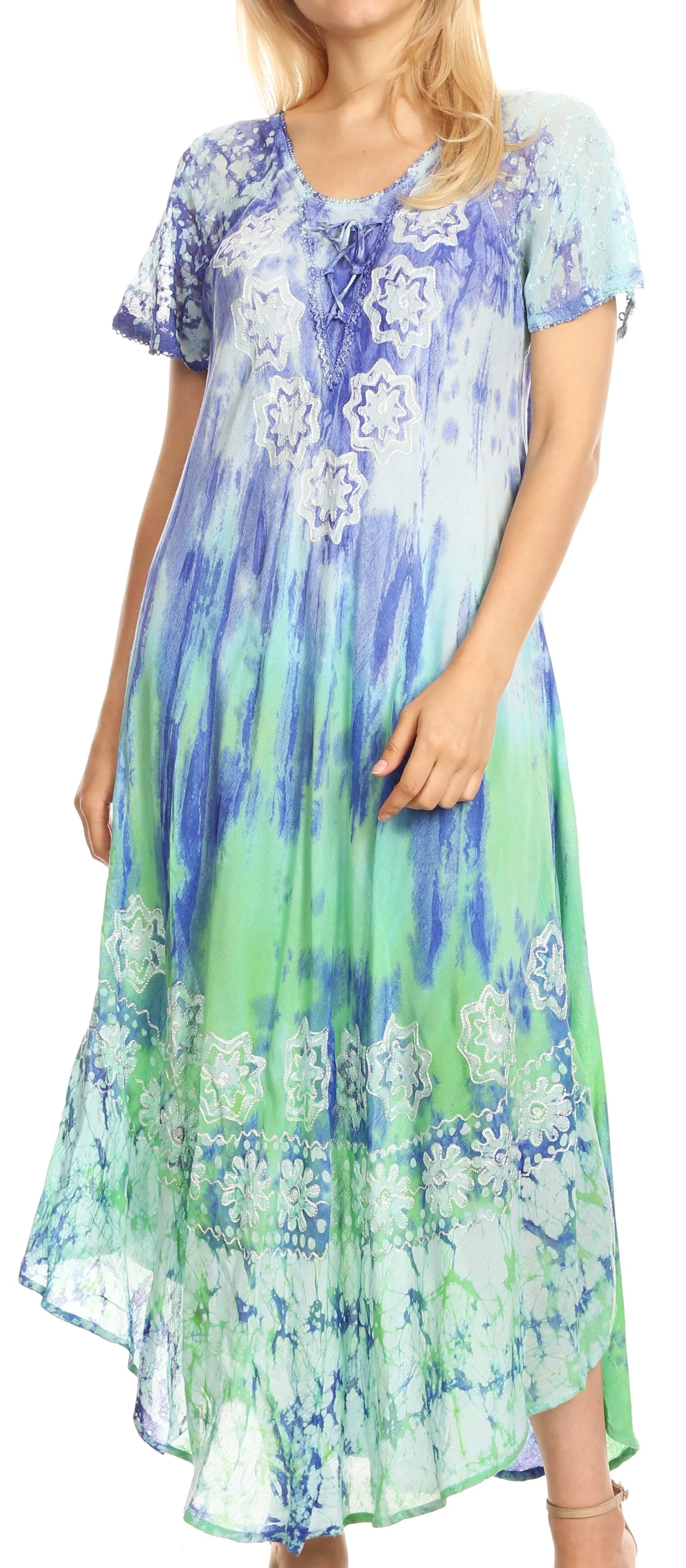 Sakkas Sofia Women's Flowy Summer Maxi Beach Dress Tie-dye w/Batik & Short Sleeves