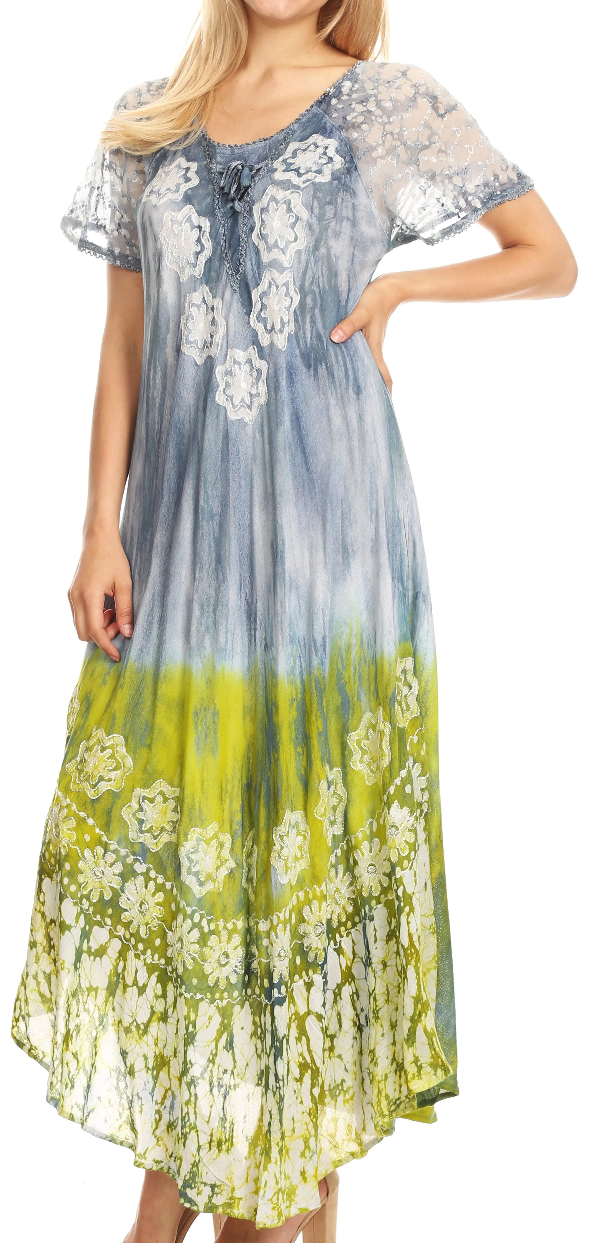 Sakkas Sofia Women's Flowy Summer Maxi Beach Dress Tie-dye w/Batik & Short Sleeves