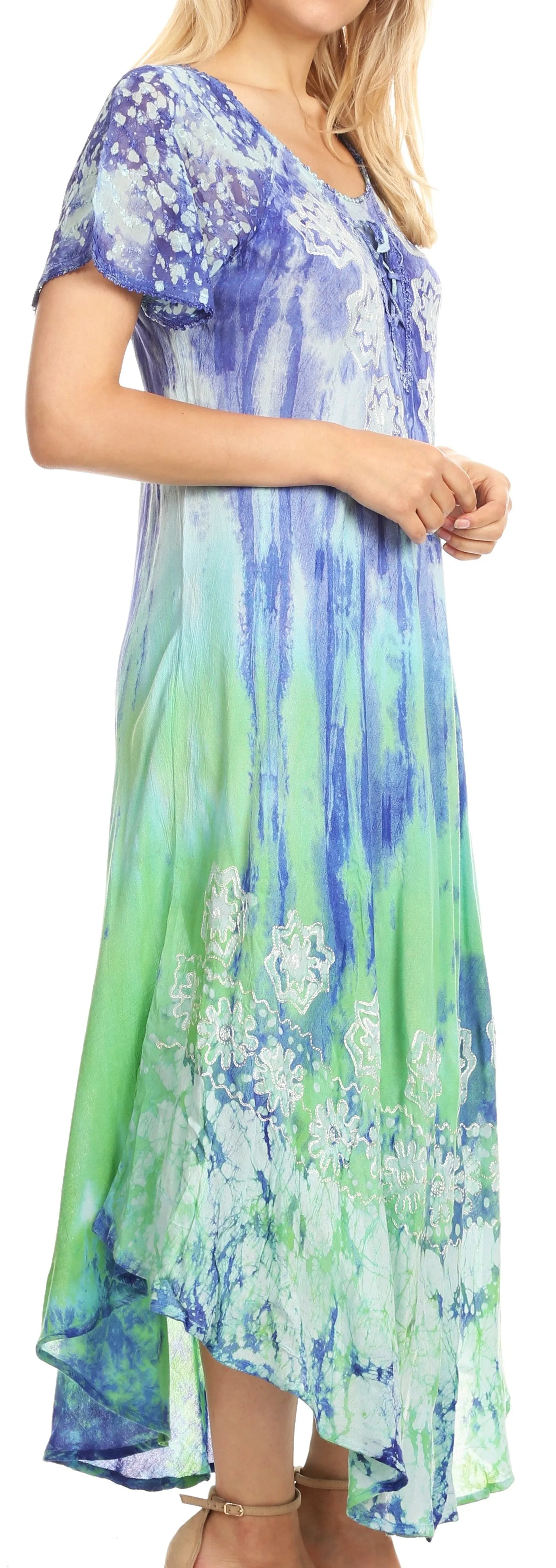 Sakkas Sofia Women's Flowy Summer Maxi Beach Dress Tie-dye w/Batik & Short Sleeves