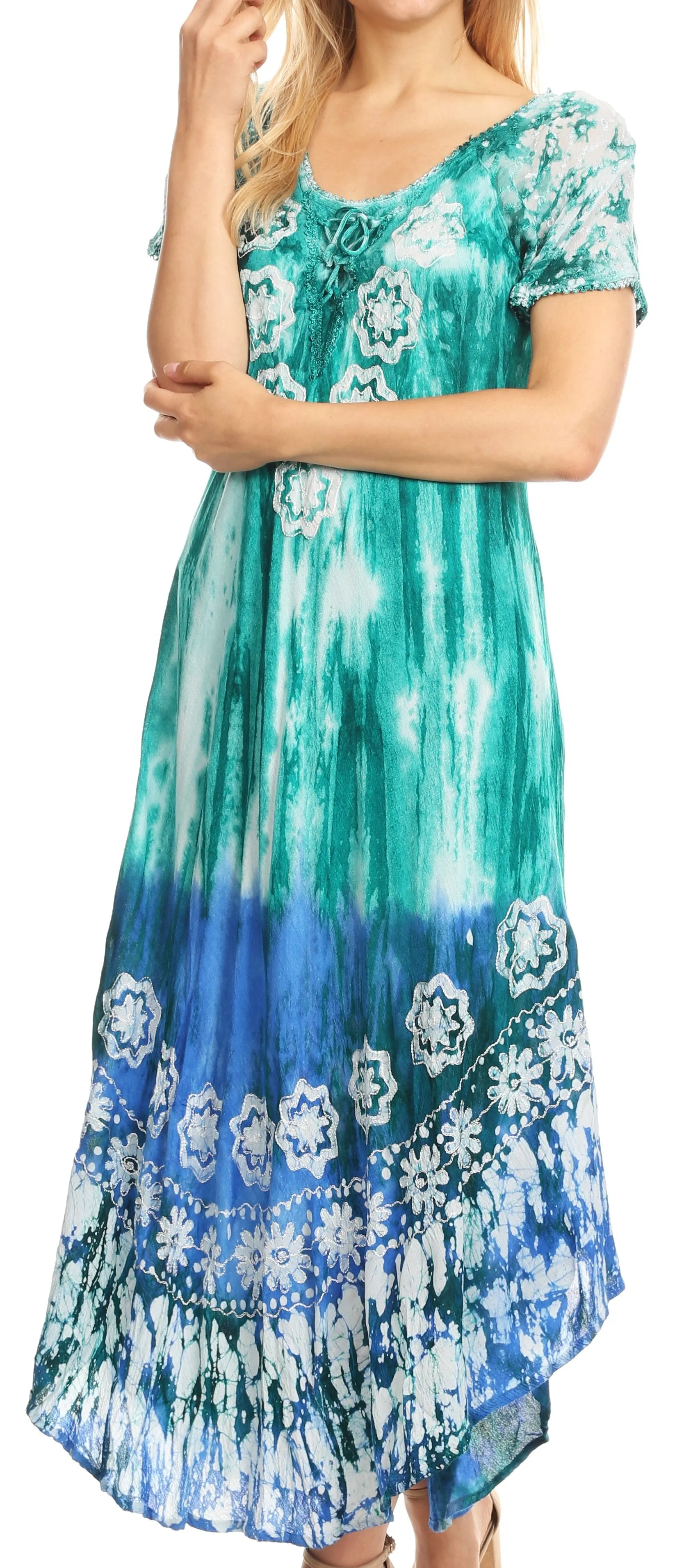 Sakkas Sofia Women's Flowy Summer Maxi Beach Dress Tie-dye w/Batik & Short Sleeves