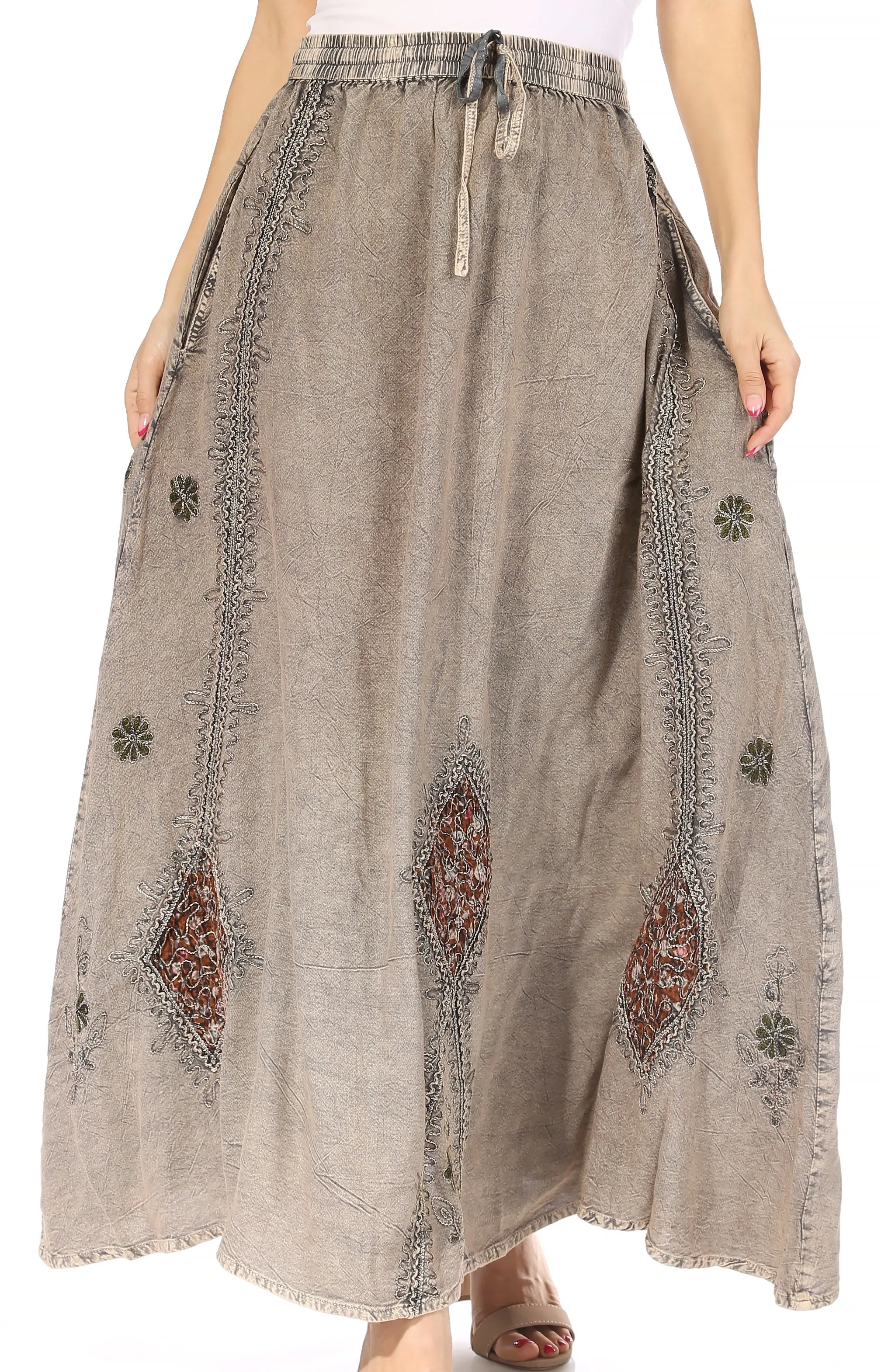 Sakkas Zarah Women's Boho Embroidery Gypsy Skirt with Lace Elastic Waist Pockets