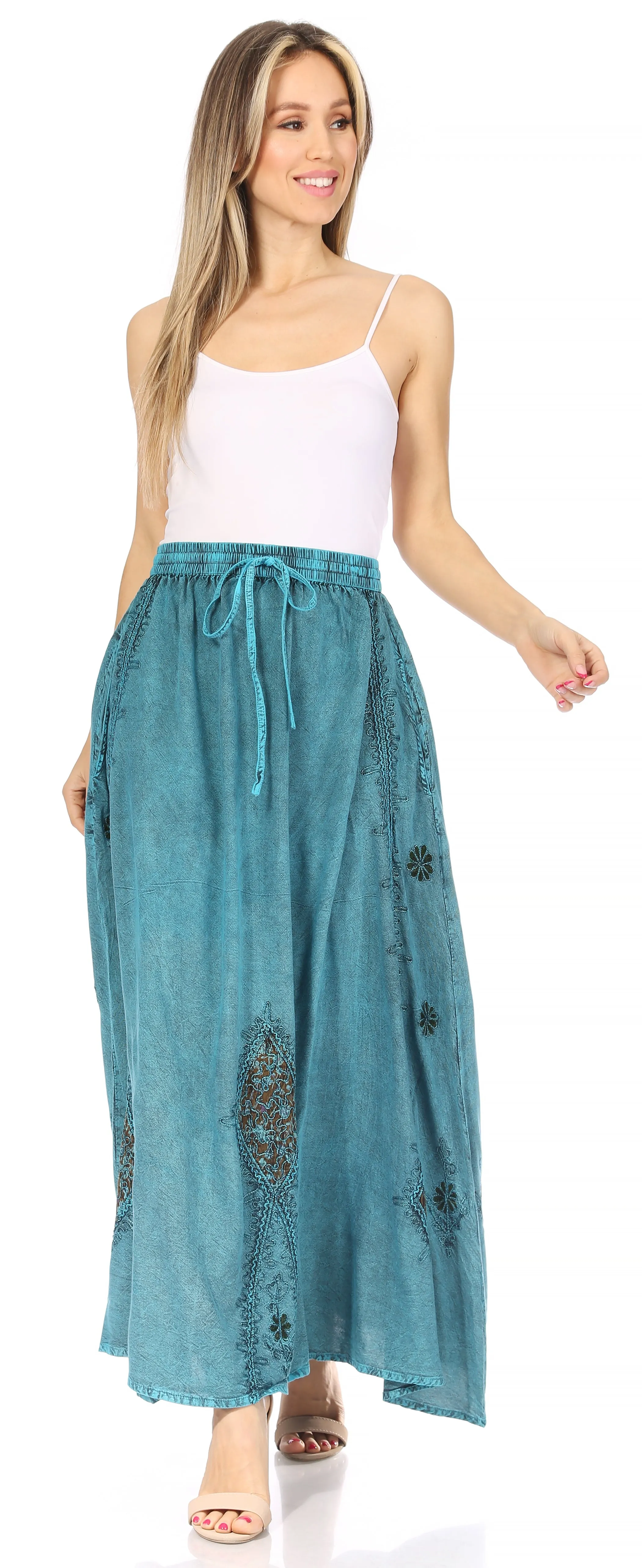 Sakkas Zarah Women's Boho Embroidery Gypsy Skirt with Lace Elastic Waist Pockets