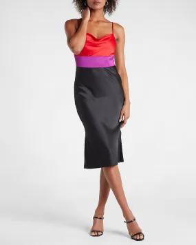 Satin Color Block Tier Cowl Neck Midi Slip Dress in Purple Crush