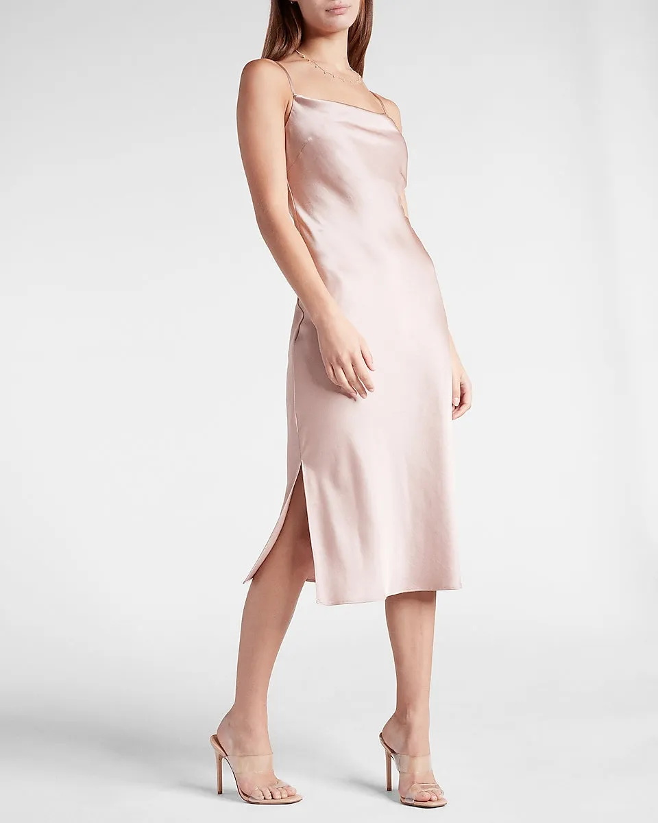 Satin Cowl Neck Midi Slip Dress in Blushing Mauve