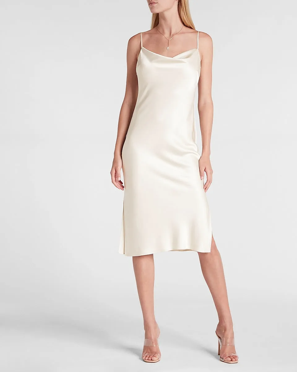 Satin Cowl Neck Midi Slip Dress in Swan