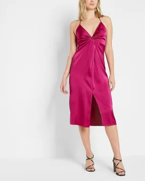 Satin Twist Front Slip Dress in Bright Pink